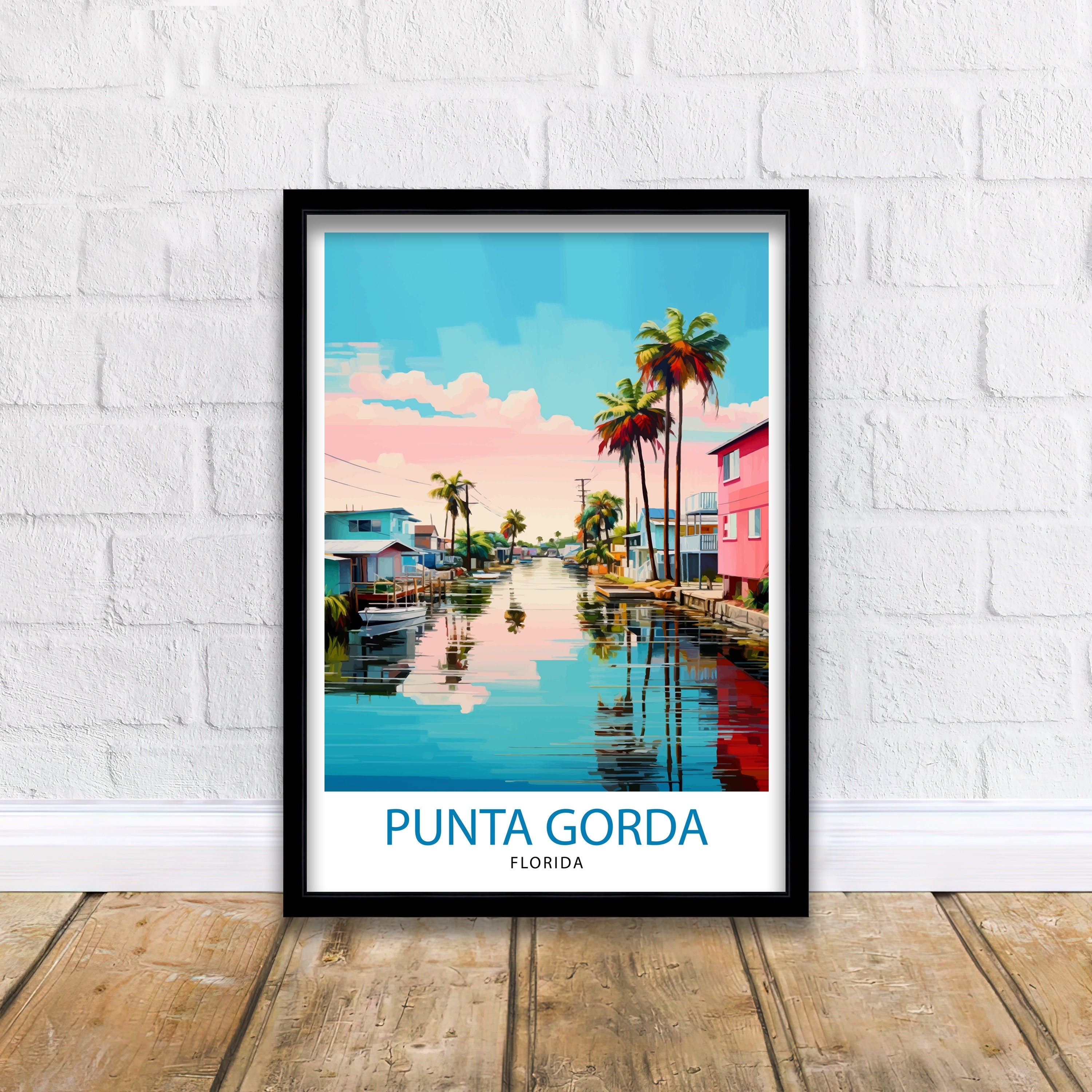 Punta Gorda Florida Print| Coastal Town Art Charlotte Harbor Poster Florida Landscape Wall Art Gulf Coast Decor Seaside Town Illustration
