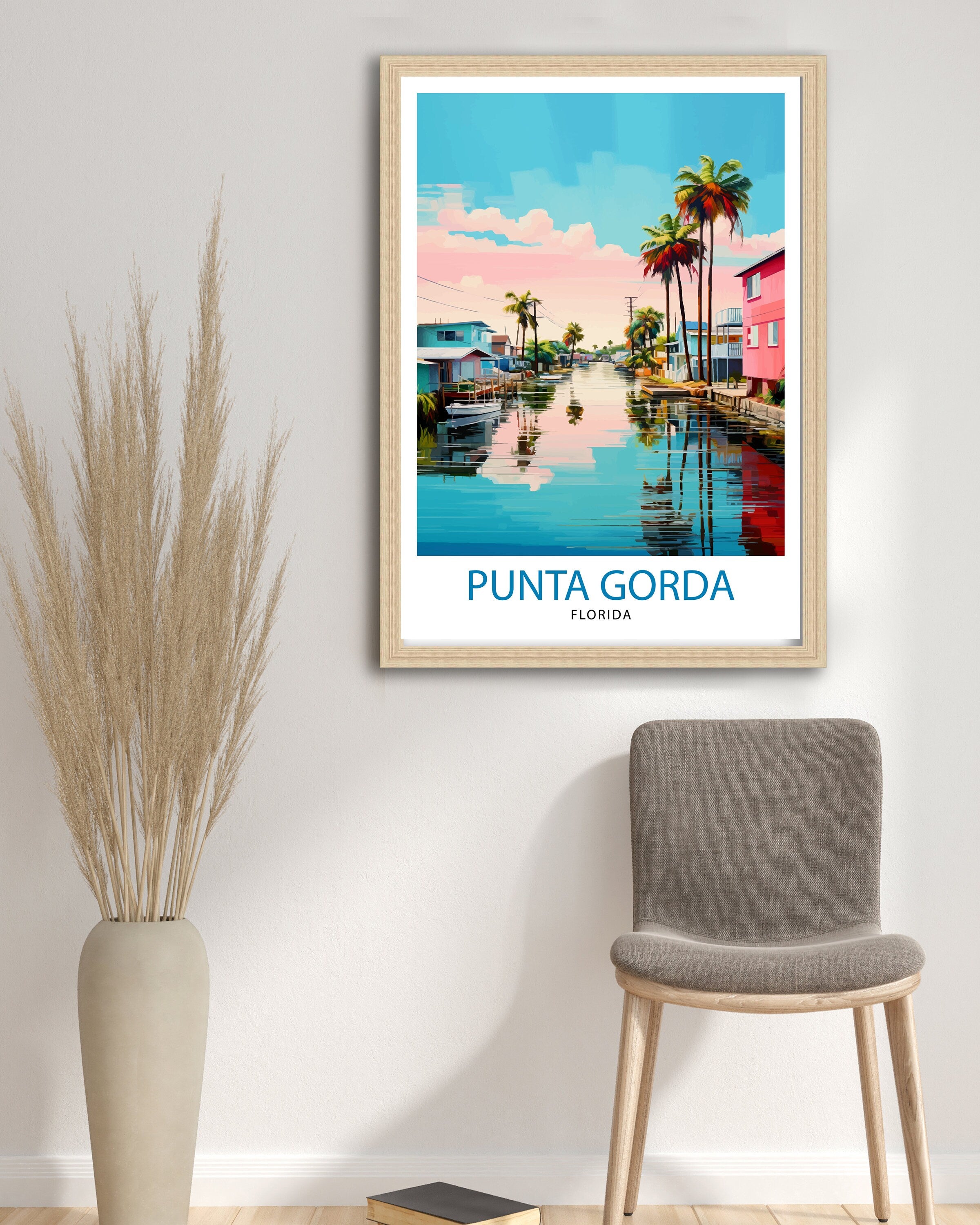 Punta Gorda Florida Print| Coastal Town Art Charlotte Harbor Poster Florida Landscape Wall Art Gulf Coast Decor Seaside Town Illustration