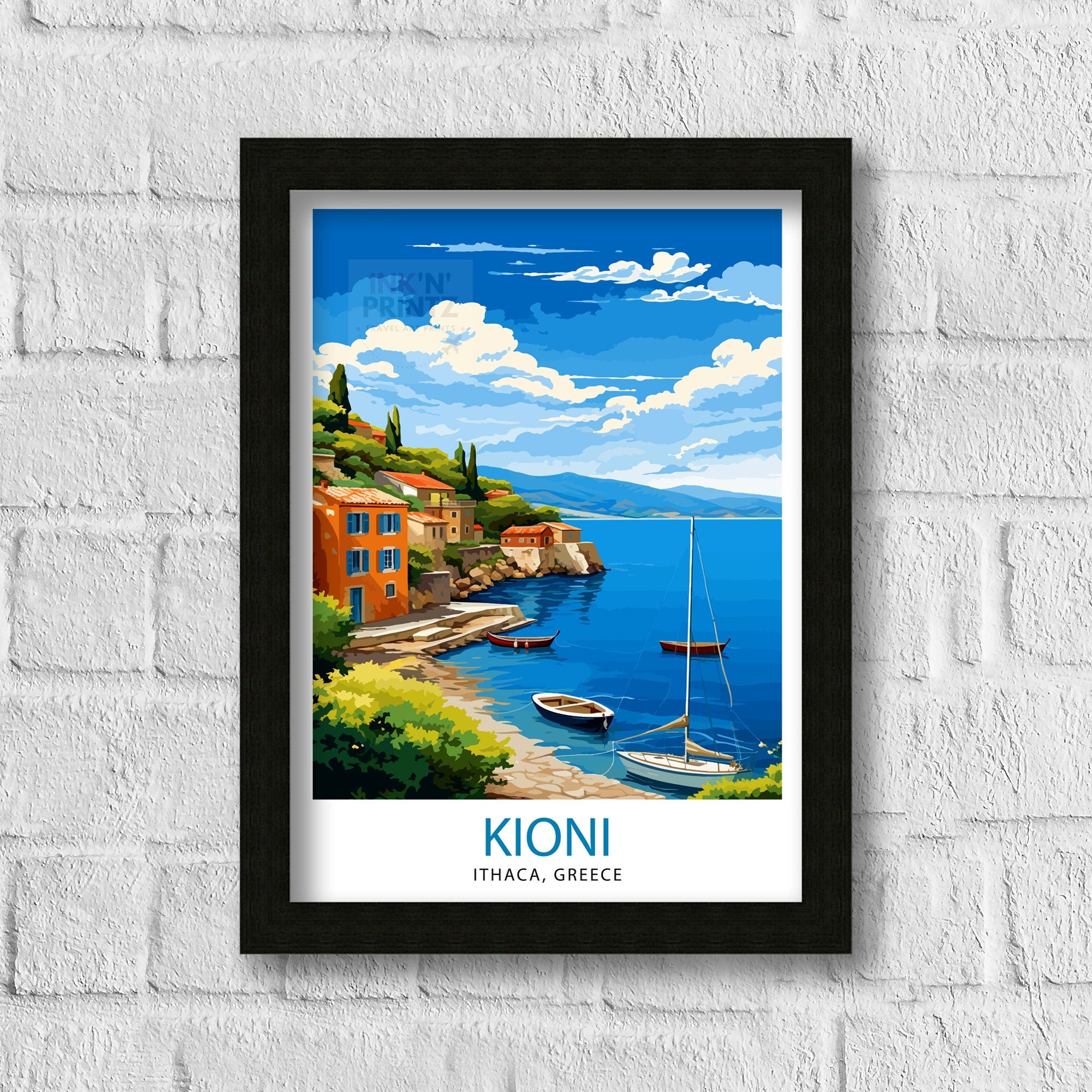 Kioni Ithaca Greece Print Greek Island Art Kioni Village Poster Ionian Sea Wall Decor Mediterranean Landscape Illustration Greek Coastal