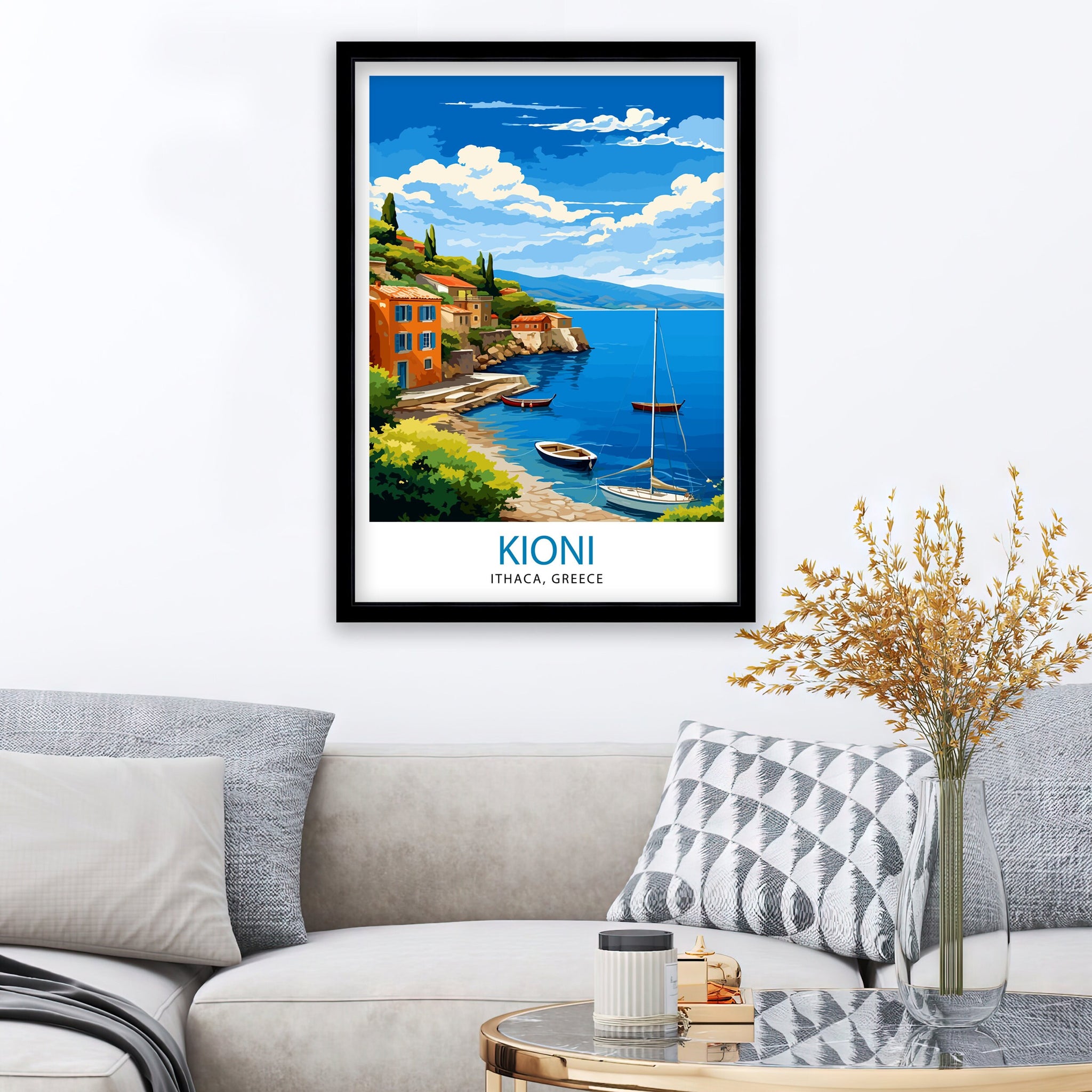 Kioni Ithaca Greece Print Greek Island Art Kioni Village Poster Ionian Sea Wall Decor Mediterranean Landscape Illustration Greek Coastal