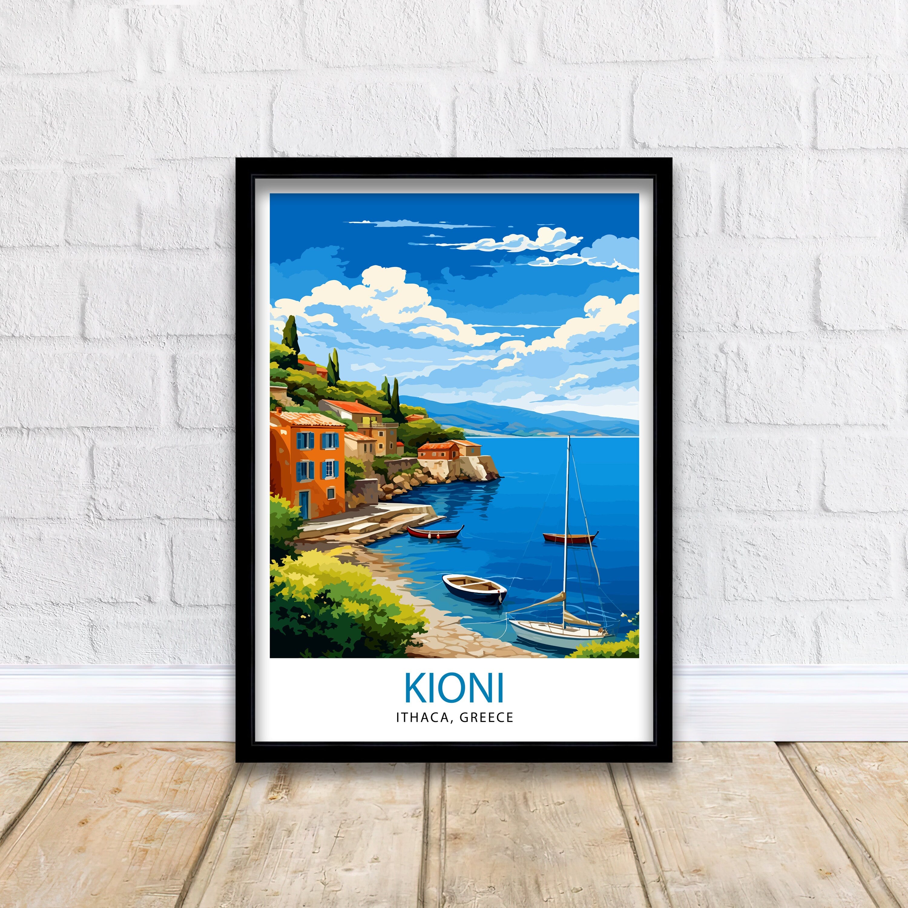 Kioni Ithaca Greece Print Greek Island Art Kioni Village Poster Ionian Sea Wall Decor Mediterranean Landscape Illustration Greek Coastal
