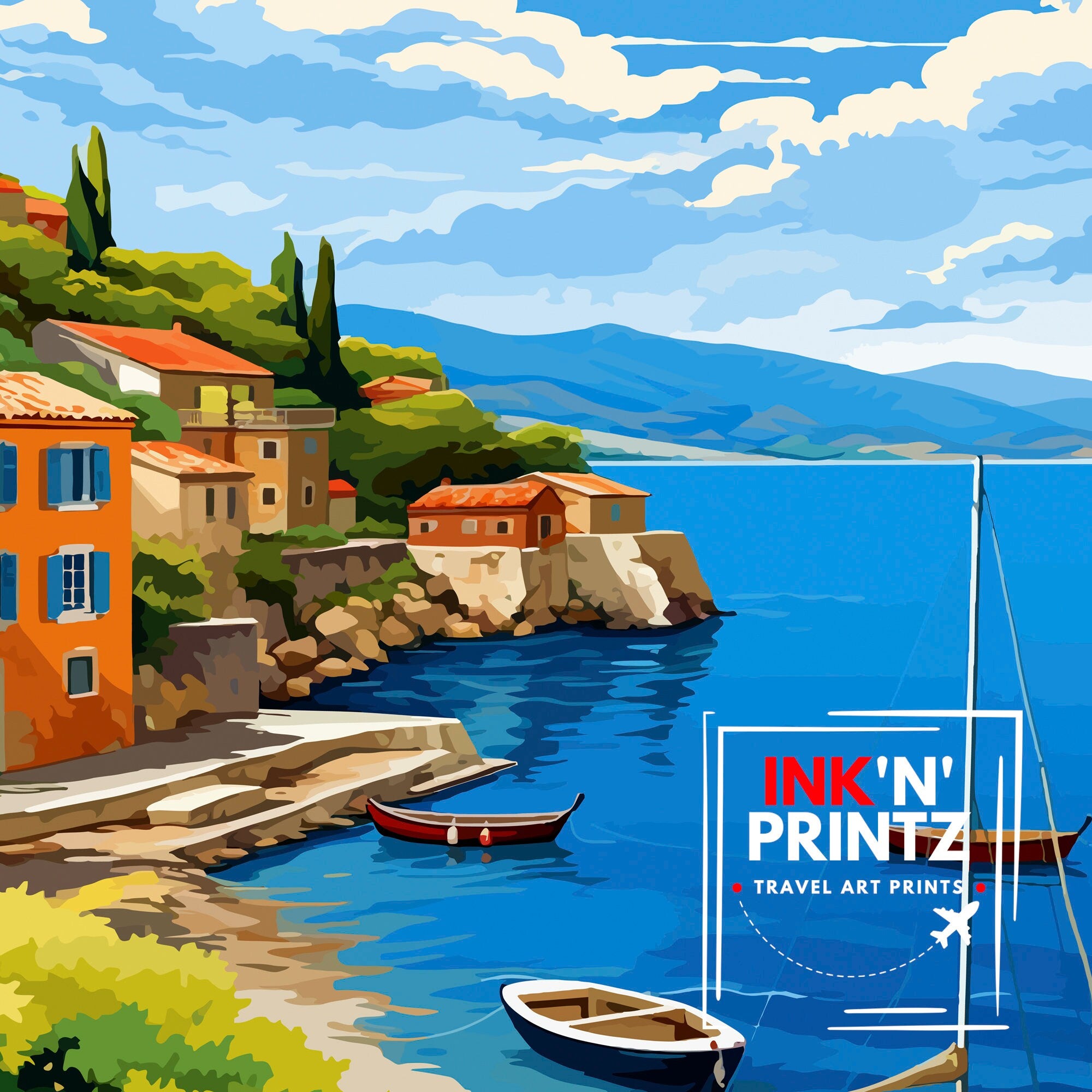 Kioni Ithaca Greece Print Greek Island Art Kioni Village Poster Ionian Sea Wall Decor Mediterranean Landscape Illustration Greek Coastal