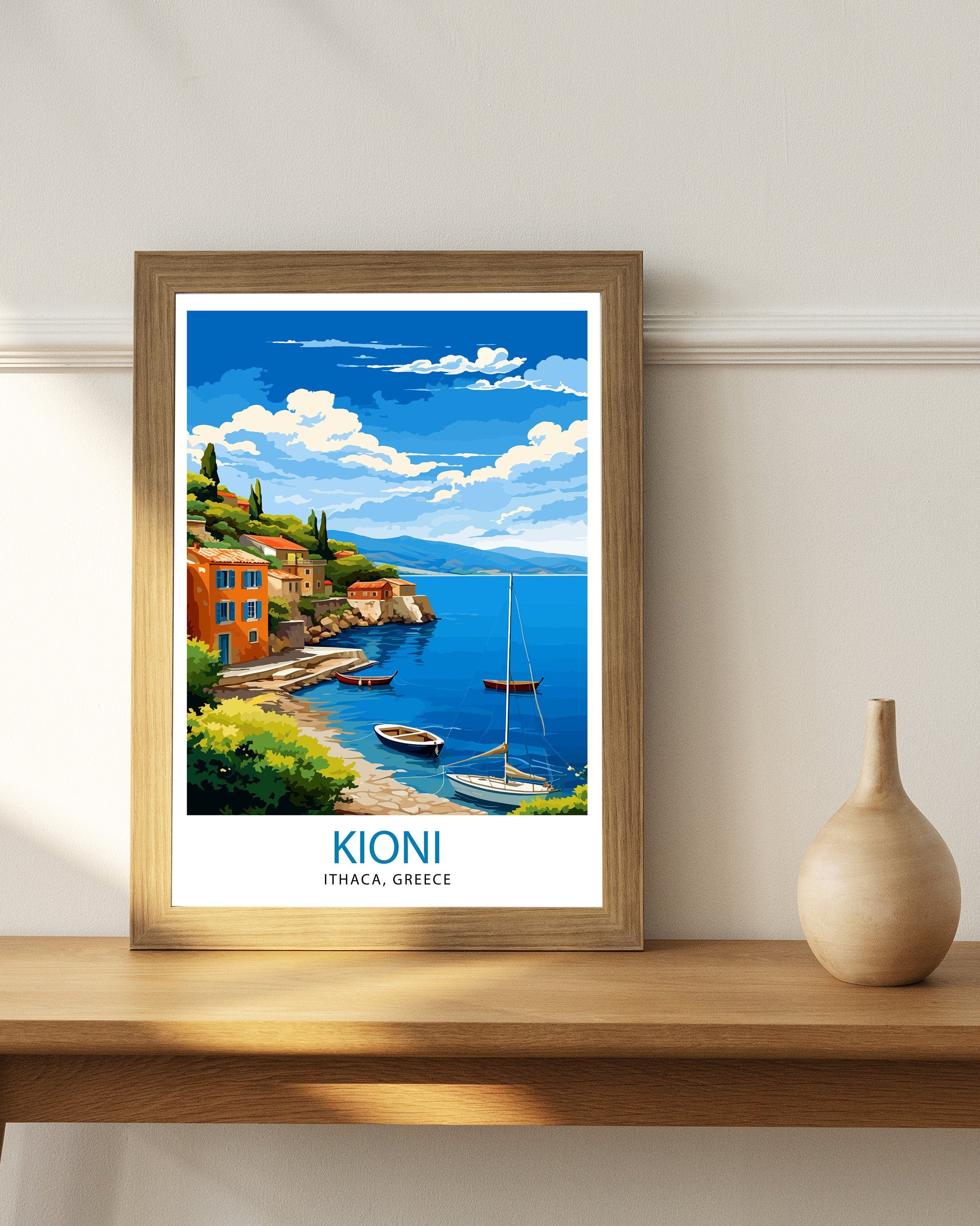 Kioni Ithaca Greece Print Greek Island Art Kioni Village Poster Ionian Sea Wall Decor Mediterranean Landscape Illustration Greek Coastal