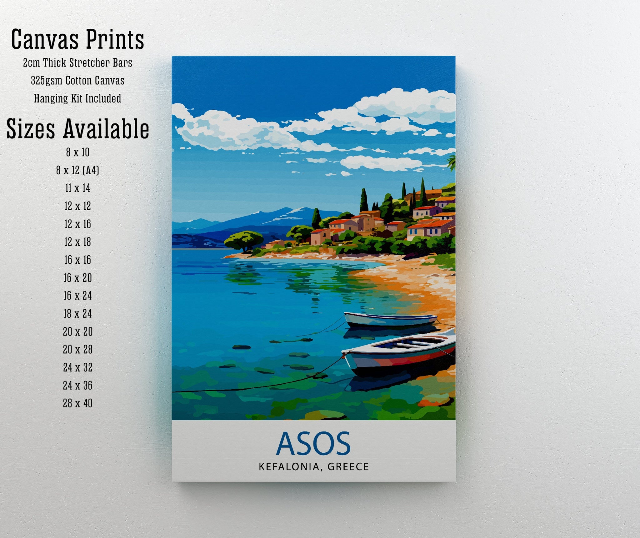 Asos Kefalonia Greece Print Greek Village Art Ionian Island Poster Kefalonia Coastal View Wall Decor Mediterranean Seascape Illustration