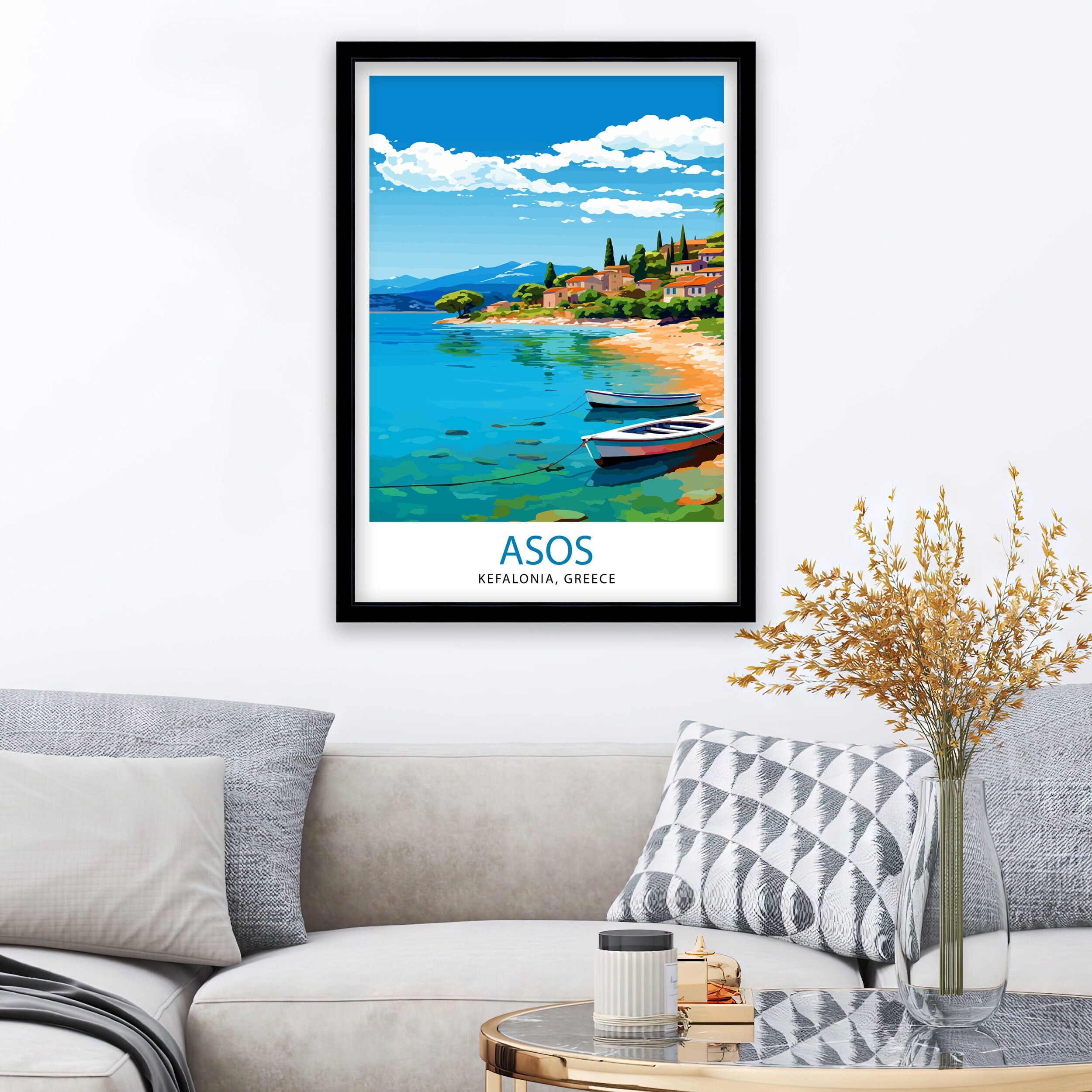 Asos Kefalonia Greece Print Greek Village Art Ionian Island Poster Kefalonia Coastal View Wall Decor Mediterranean Seascape Illustration