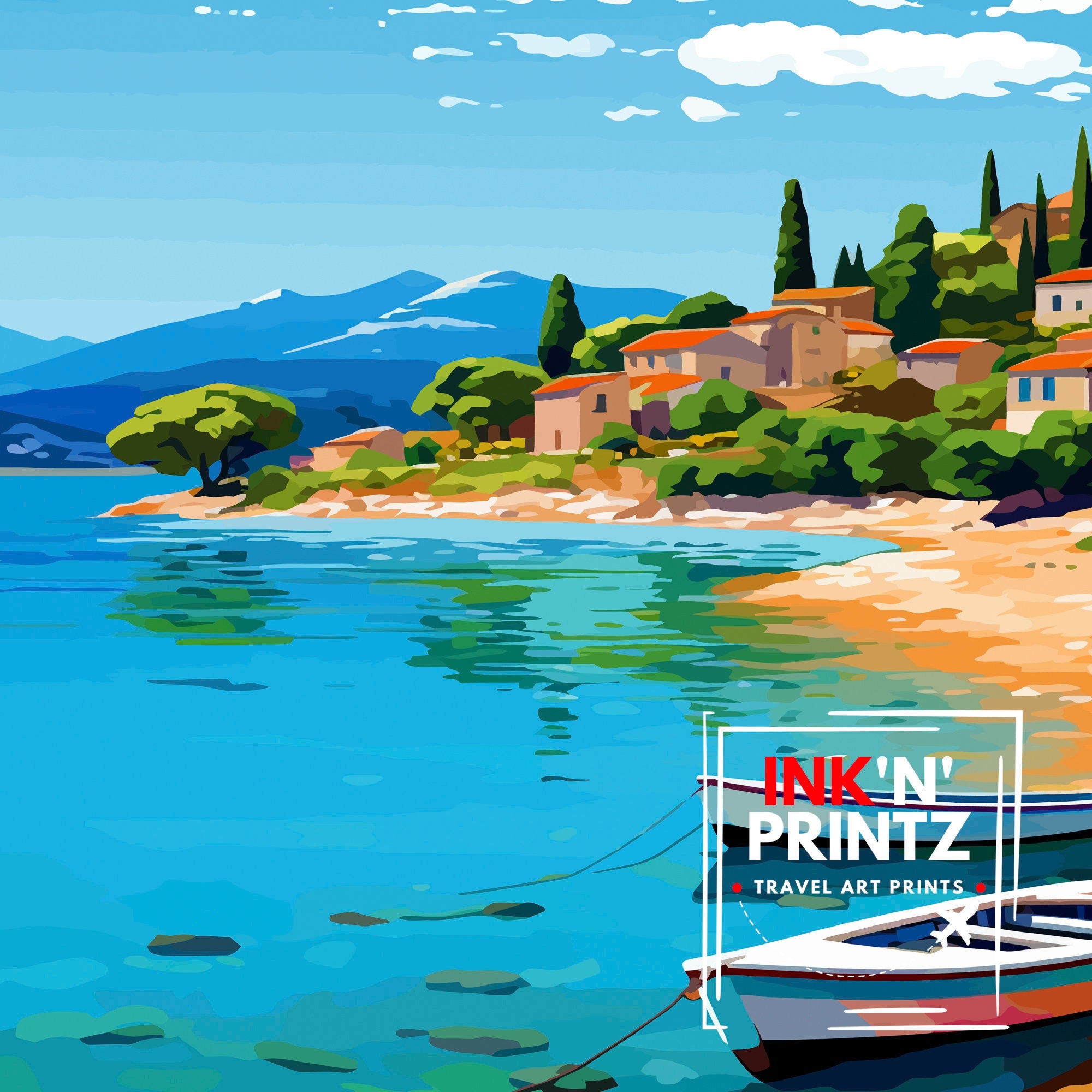Asos Kefalonia Greece Print Greek Village Art Ionian Island Poster Kefalonia Coastal View Wall Decor Mediterranean Seascape Illustration