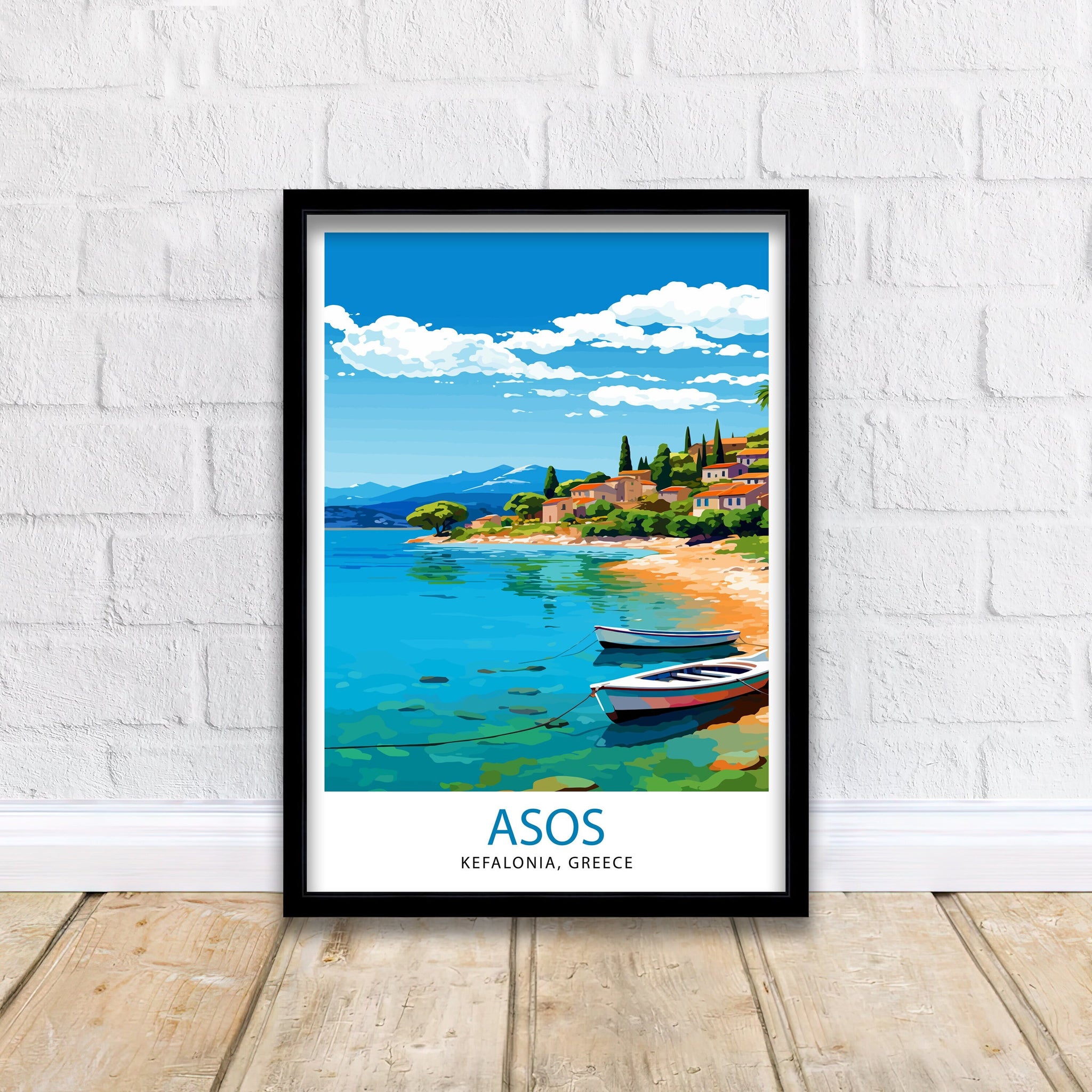 Asos Kefalonia Greece Print Greek Village Art Ionian Island Poster Kefalonia Coastal View Wall Decor Mediterranean Seascape Illustration