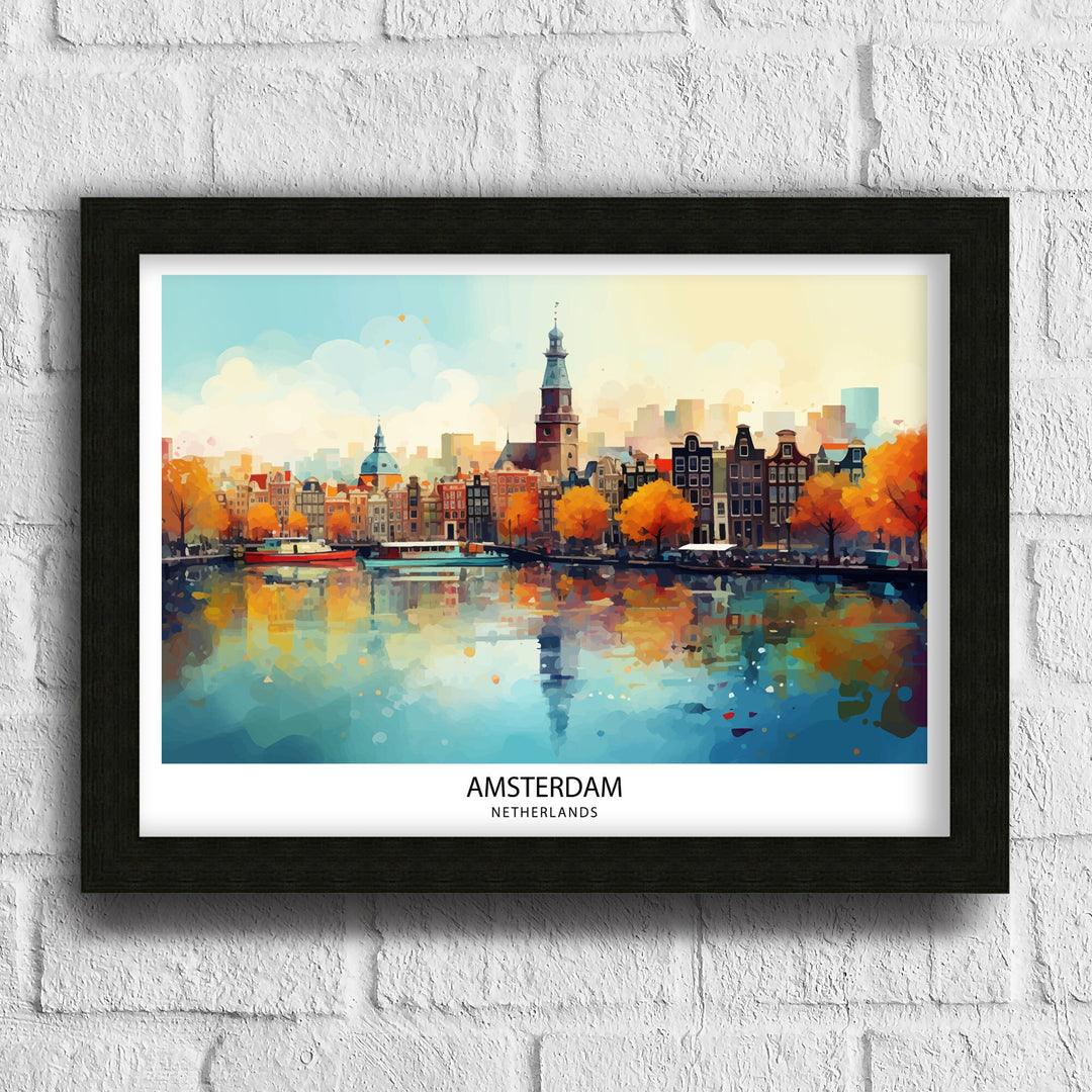 Amsterdam Skyline Poster Dutch Cityscape Art Canal Houses Poster Netherlands Urban Decor Amsterdam Landmarks Illustration European City Wall