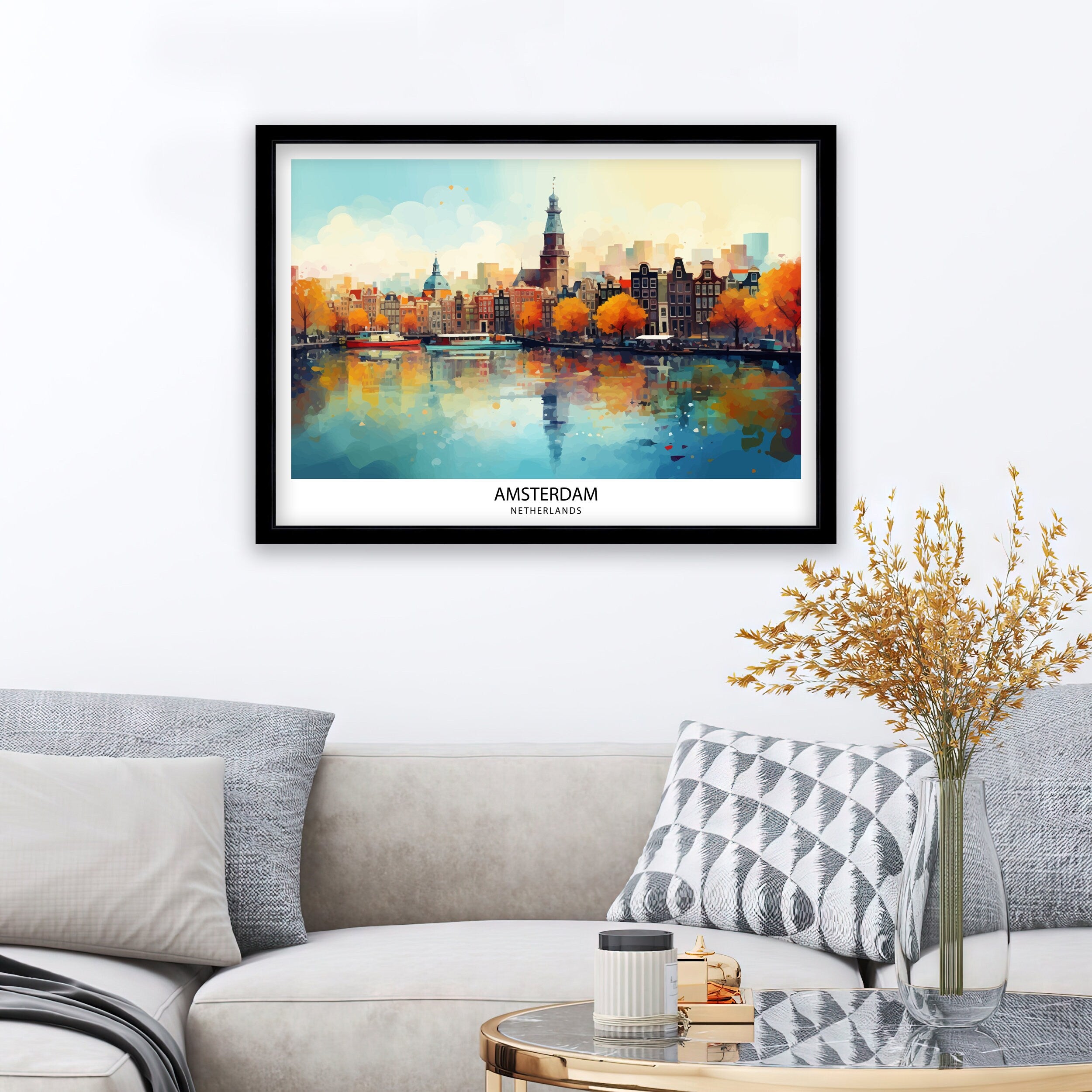 Amsterdam Skyline Print Dutch Cityscape Art Canal Houses Poster Netherlands Urban Decor Amsterdam Landmarks Illustration European City Wall