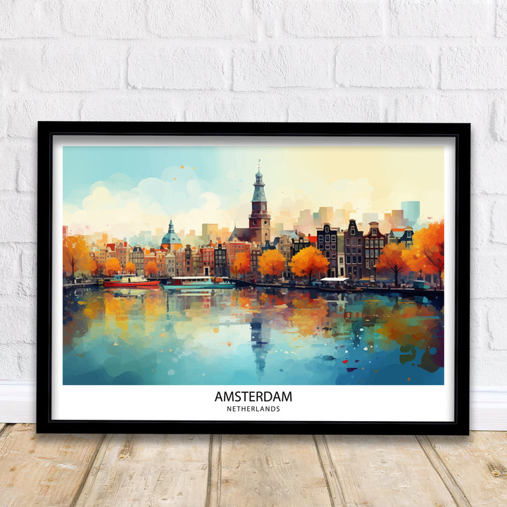 Amsterdam Skyline Poster Dutch Cityscape Art Canal Houses Poster Netherlands Urban Decor Amsterdam Landmarks Illustration European City Wall