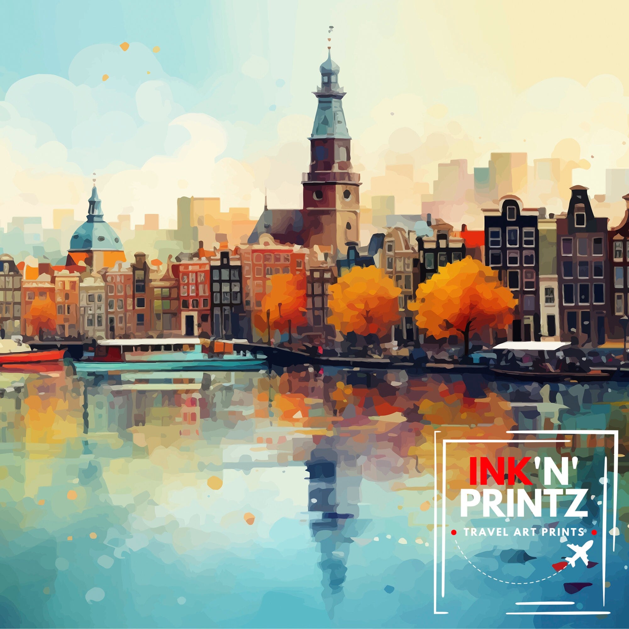 Amsterdam Skyline Print Dutch Cityscape Art Canal Houses Poster Netherlands Urban Decor Amsterdam Landmarks Illustration European City Wall