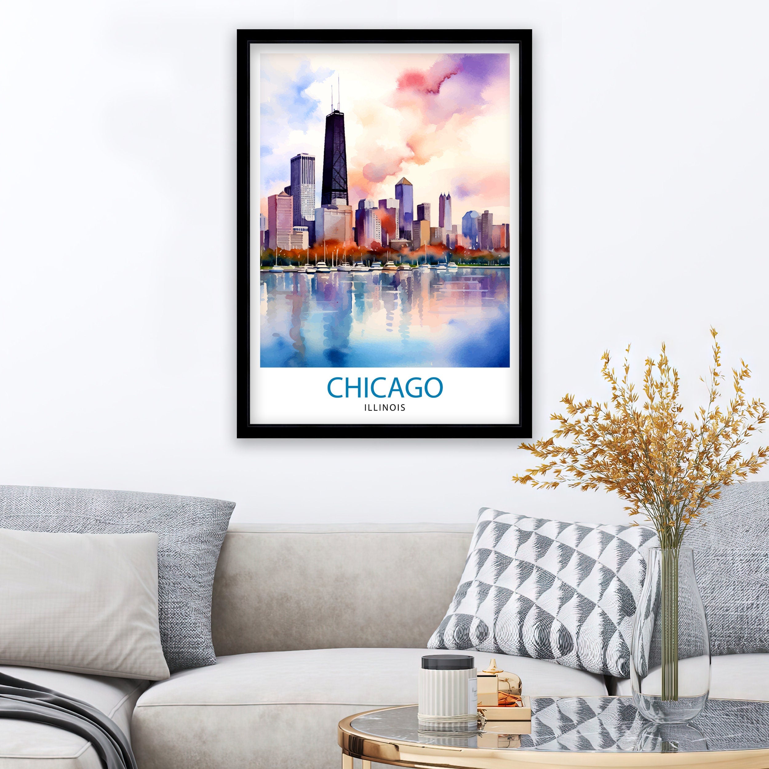 Chicago Travel Print Chicago Wall Art Chicago Poster Chicago Illinois Print Chicago Skyline Art Travel Decor Chicago Gift