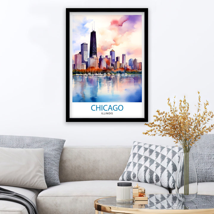 Chicago Travel Print Chicago Wall Art Chicago Poster Chicago Illinois Print Chicago Skyline Art Travel Decor Chicago Gift