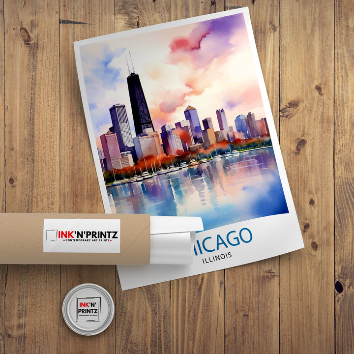 Chicago Travel Print Chicago Wall Art Chicago Poster Chicago Illinois Print Chicago Skyline Art Travel Decor Chicago Gift