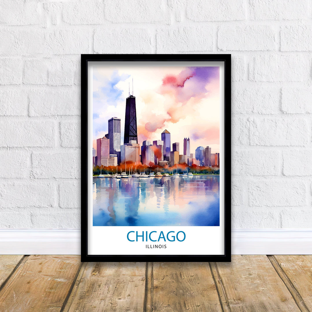 Chicago Travel Print Chicago Wall Art Chicago Poster Chicago Illinois Print Chicago Skyline Art Travel Decor Chicago Gift
