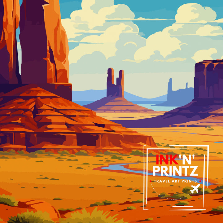 Monument Valley Print Iconic Desert Landscape Art American Southwest Poster Navajo Tribal Park Wall Decor Red Rock Formations Illustration