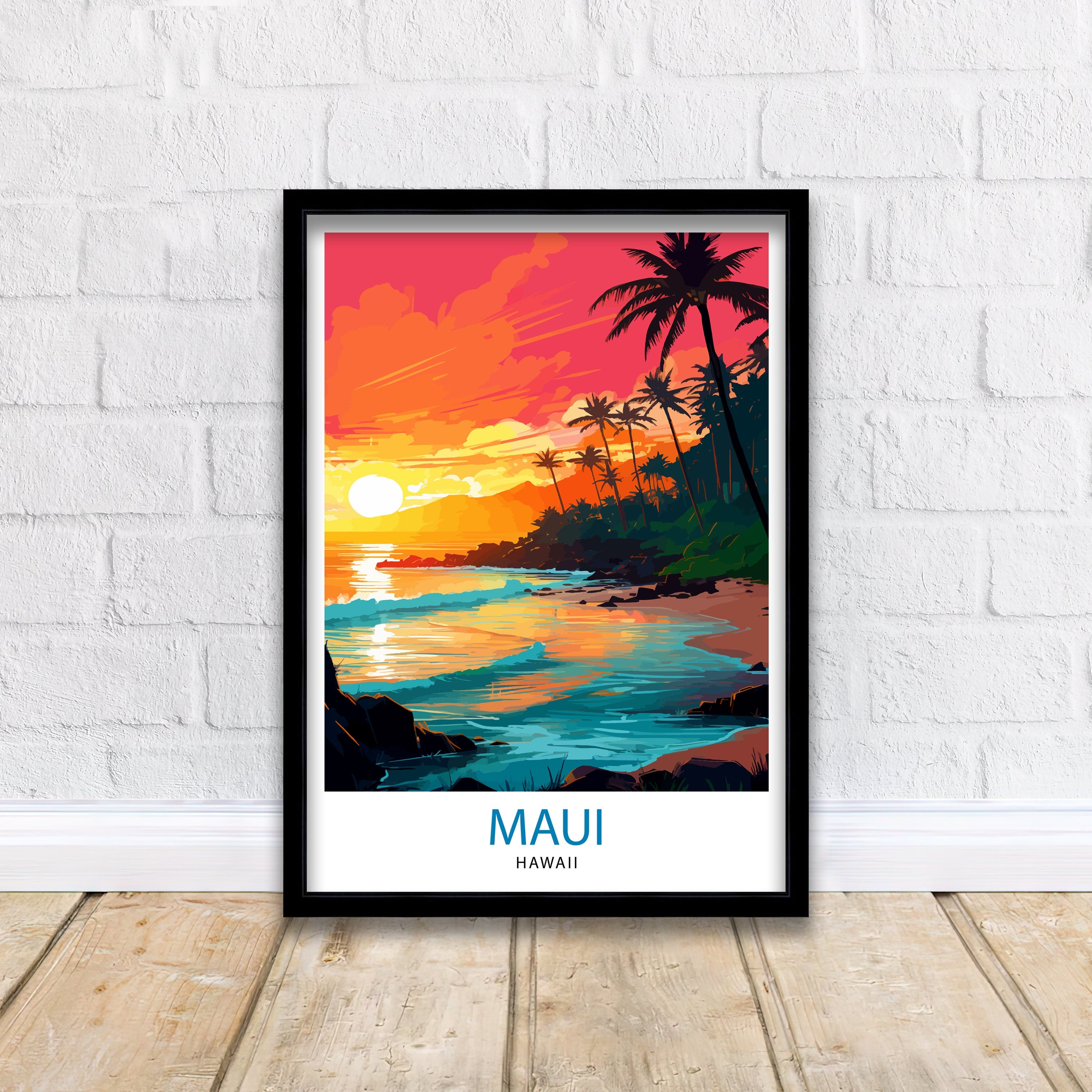 Maui Hawaii Print| Tropical Island Art Hawaiian Beach Poster Maui Landscape Wall Decor Hawaiian Paradise Illustration Aloha Spirit Artwork