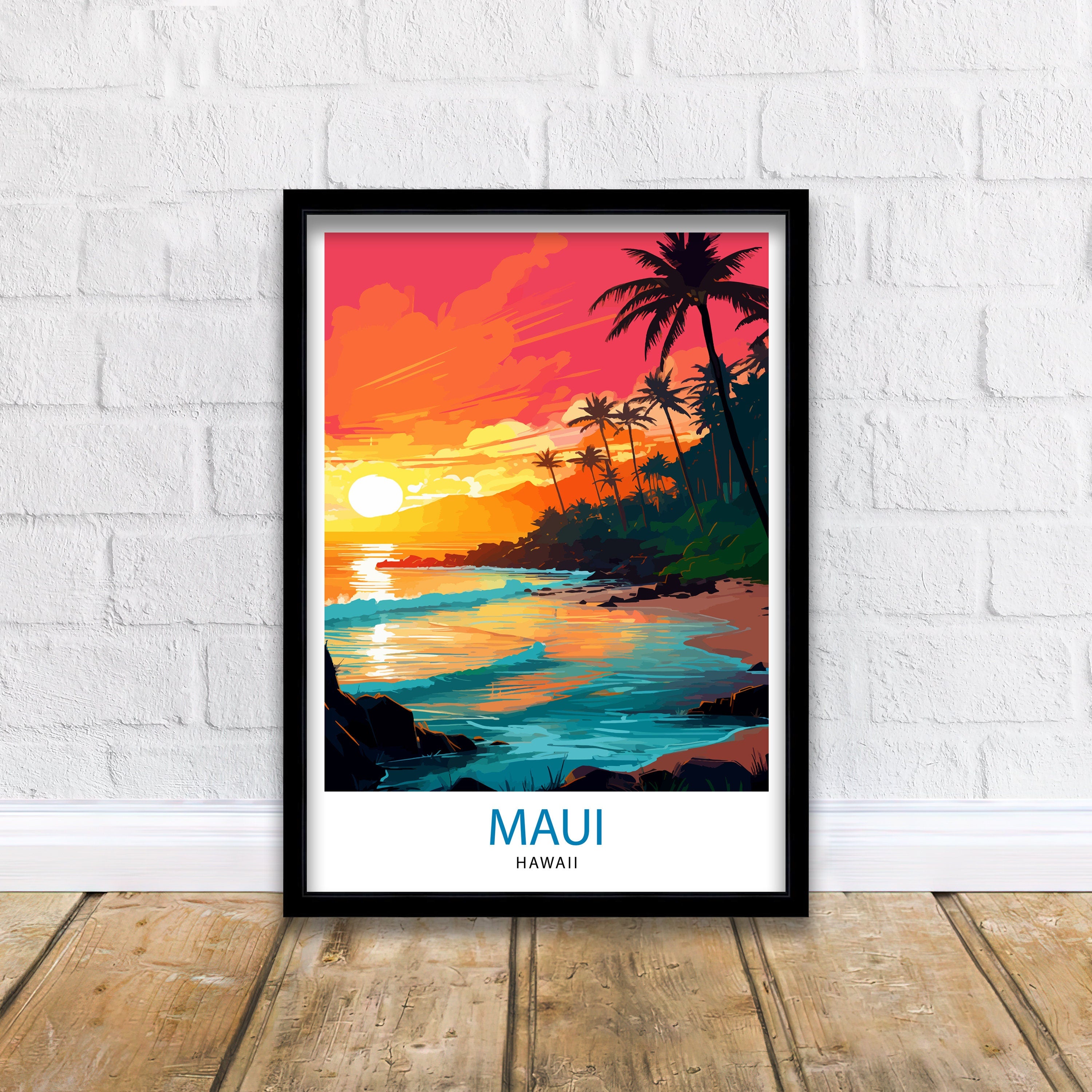 Maui Hawaii Print| Tropical Island Art Hawaiian Beach Poster Maui Landscape Wall Decor Hawaiian Paradise Illustration Aloha Spirit Artwork