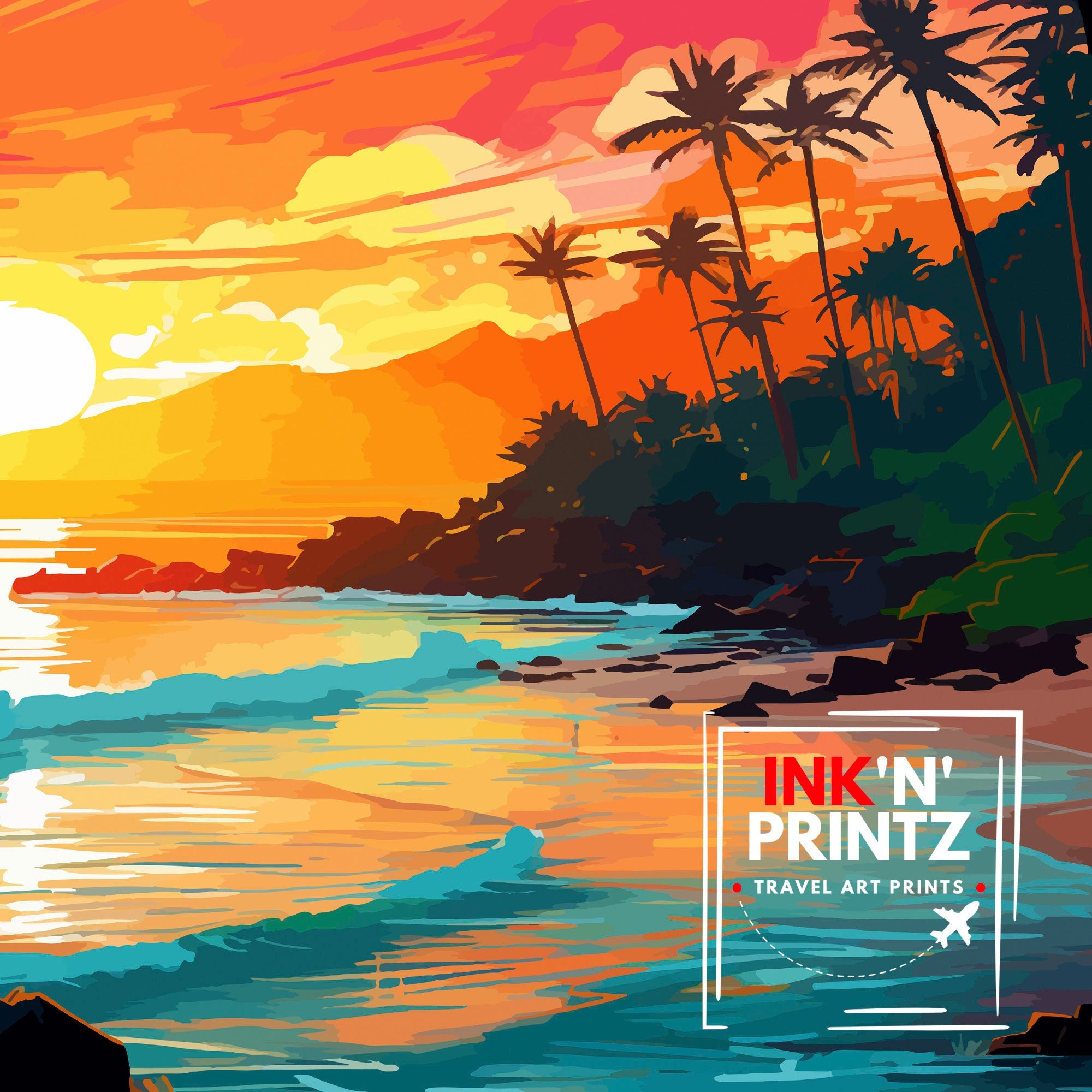 Maui Hawaii Print| Tropical Island Art Hawaiian Beach Poster Maui Landscape Wall Decor Hawaiian Paradise Illustration Aloha Spirit Artwork