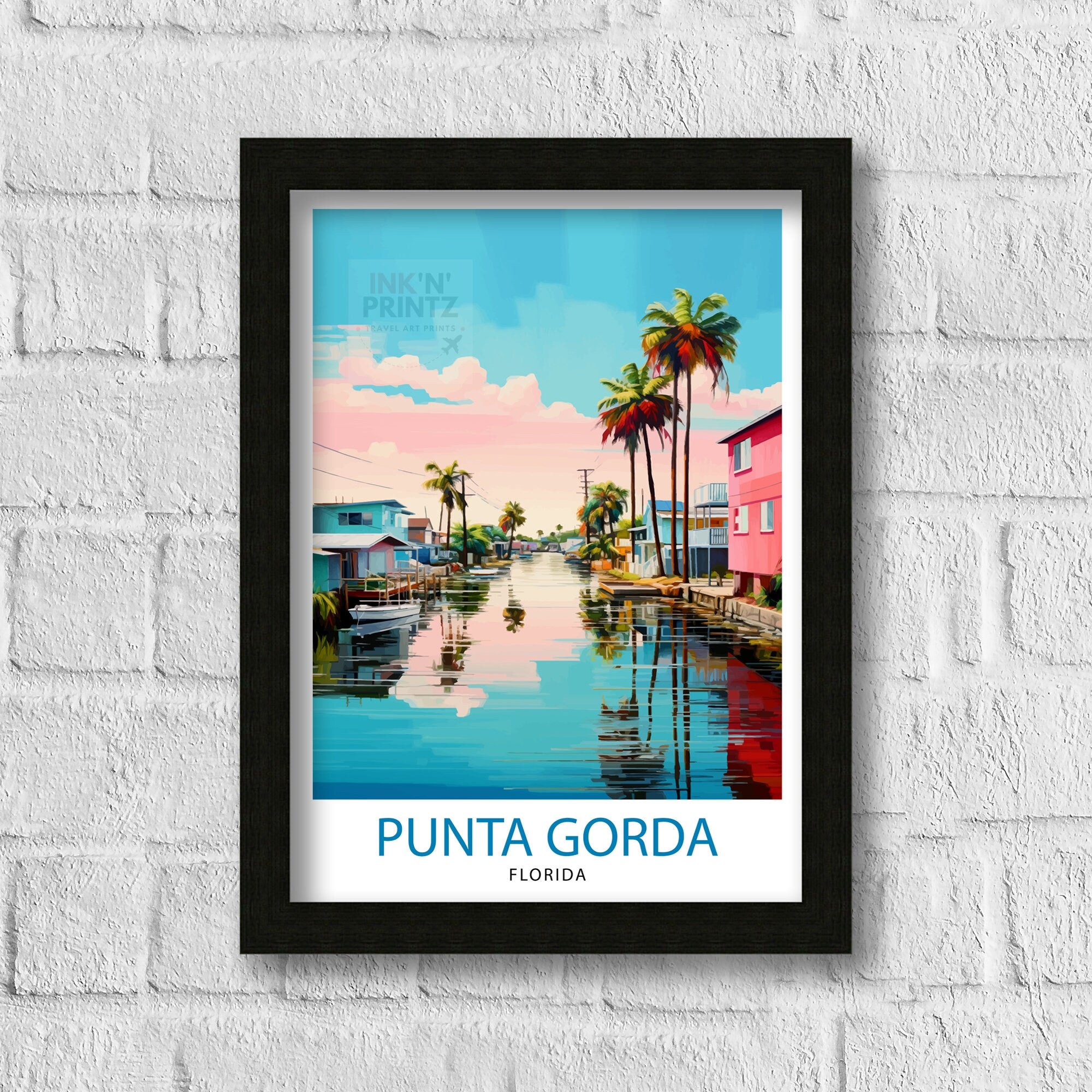 Punta Gorda Florida Print| Coastal Town Art Charlotte Harbor Poster Florida Landscape Wall Art Gulf Coast Decor Seaside Town Illustration