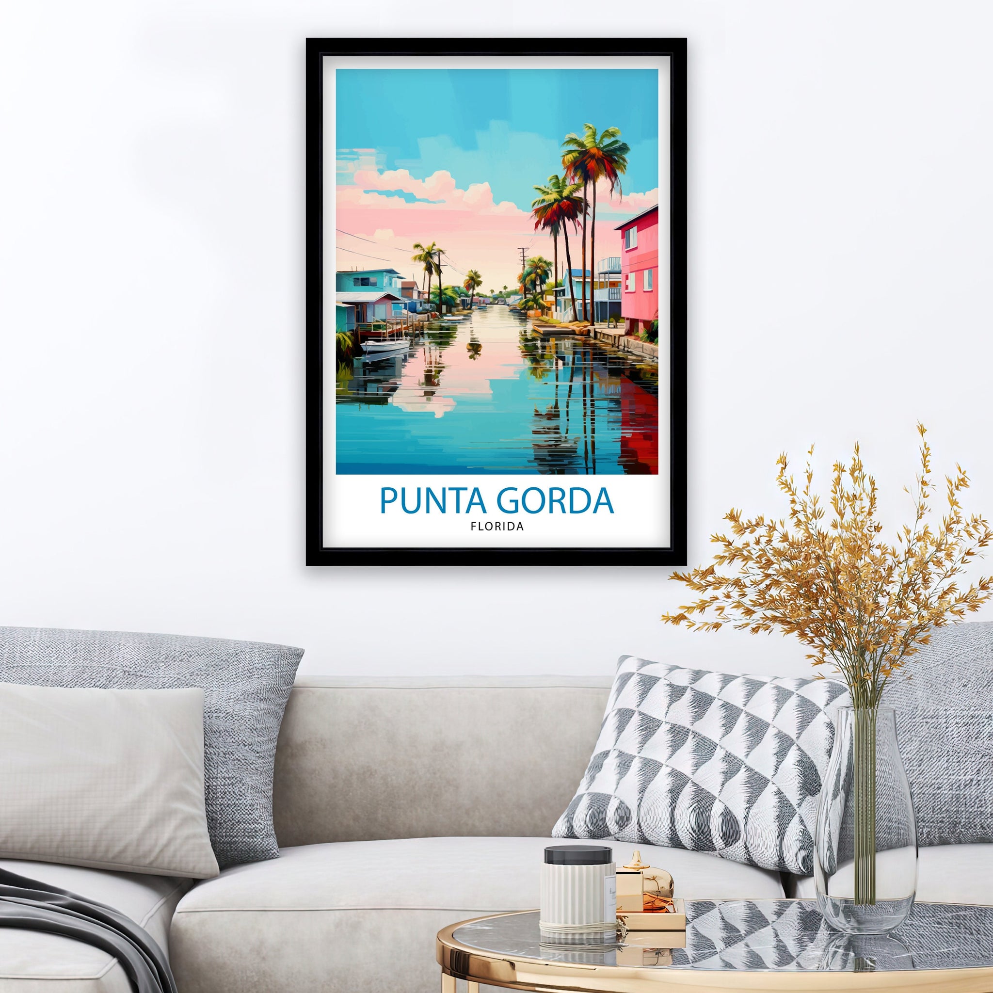 Punta Gorda Florida Print| Coastal Town Art Charlotte Harbor Poster Florida Landscape Wall Art Gulf Coast Decor Seaside Town Illustration