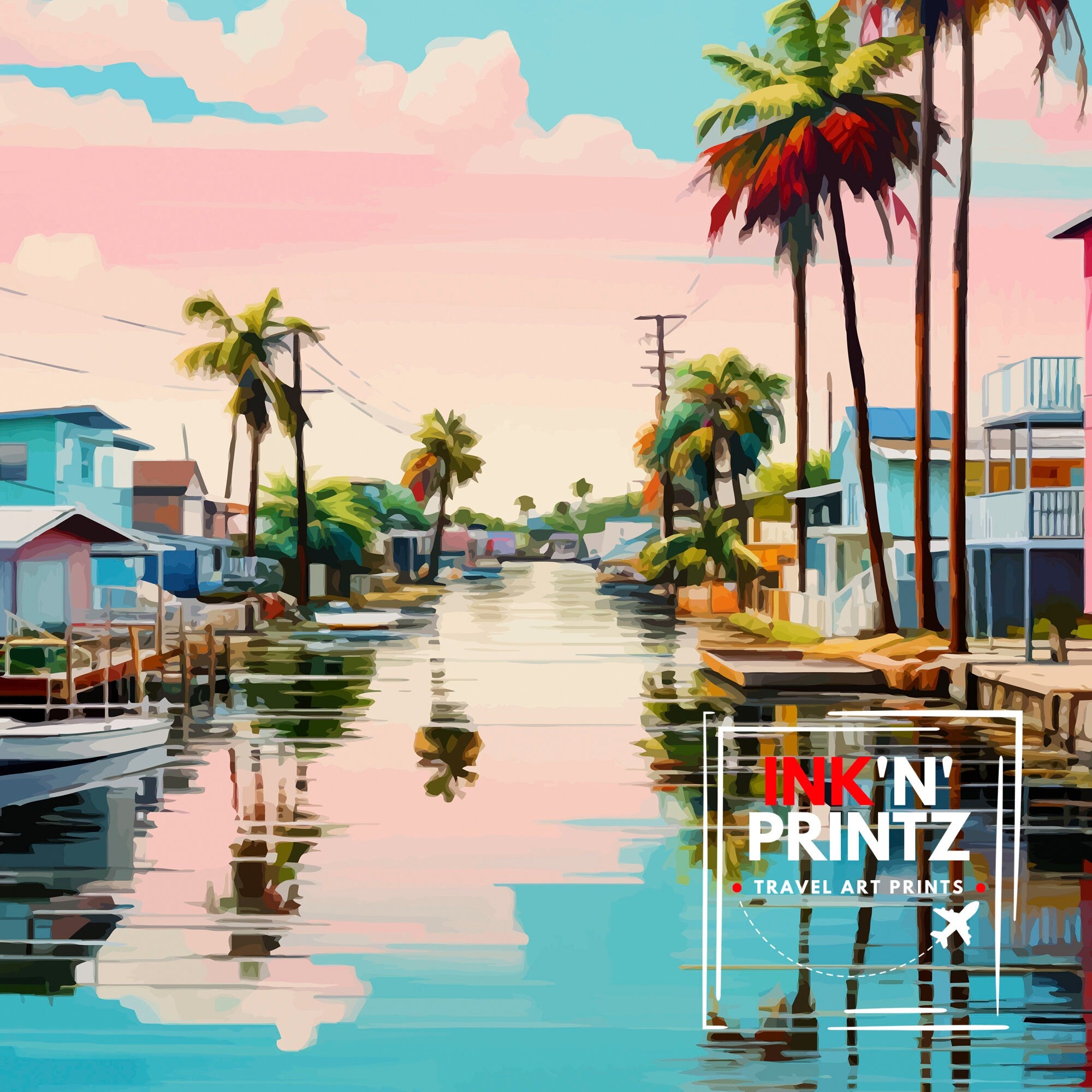 Punta Gorda Florida Print| Coastal Town Art Charlotte Harbor Poster Florida Landscape Wall Art Gulf Coast Decor Seaside Town Illustration