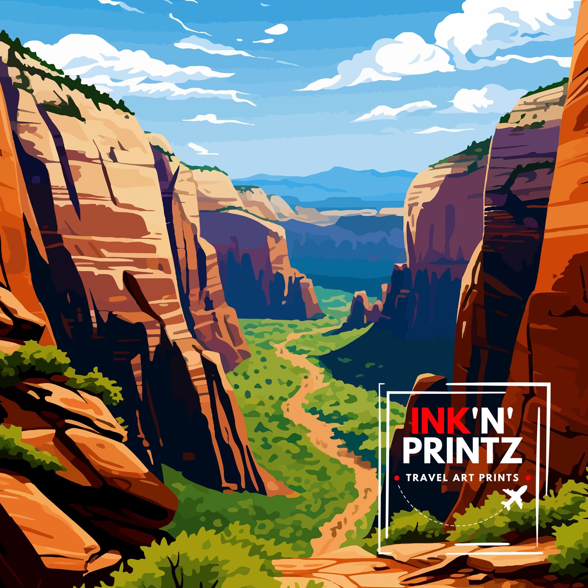 Angels Landing Utah Print Zion National Park Art Hiking Trail Poster Scenic Landscape Wall Decor Nature Adventure Illustration Southwest USA
