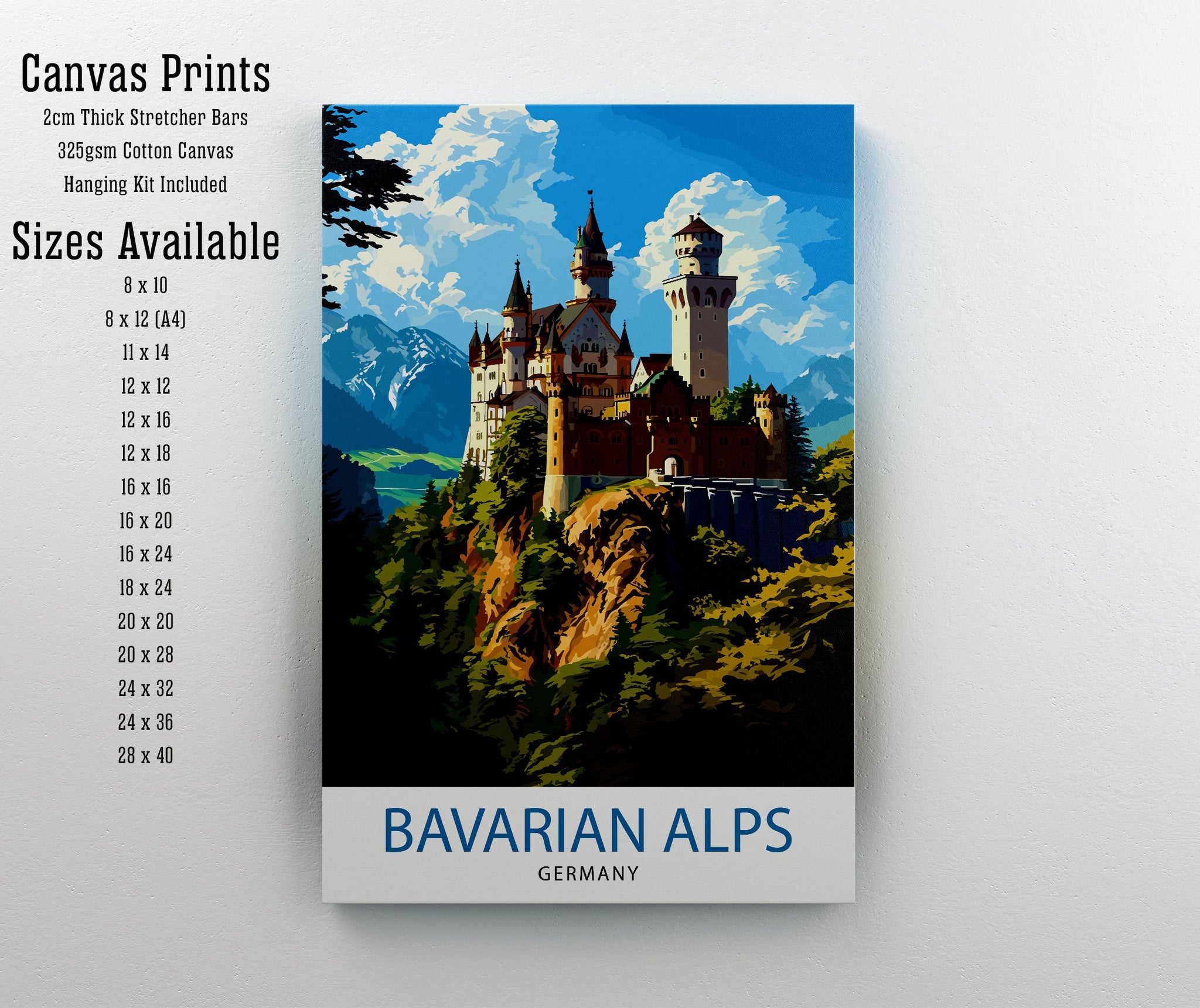 Bavarian Alps Germany Print Scenic Mountain Landscape Art German Alpine Poster Neuschwanstein Castle View Wall Decor Hiking Trail