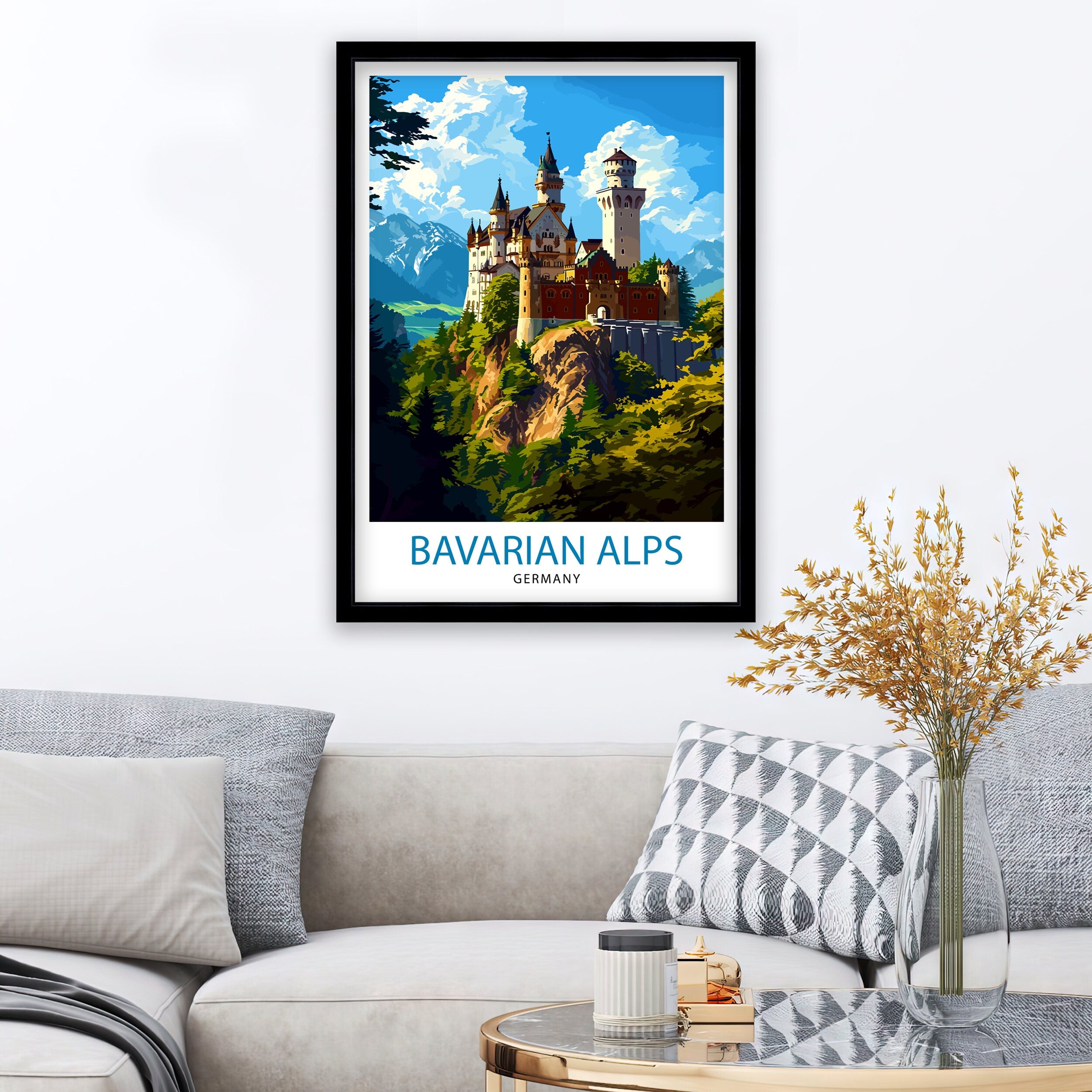 Bavarian Alps Germany Print Scenic Mountain Landscape Art German Alpine Poster Neuschwanstein Castle View Wall Decor Hiking Trail