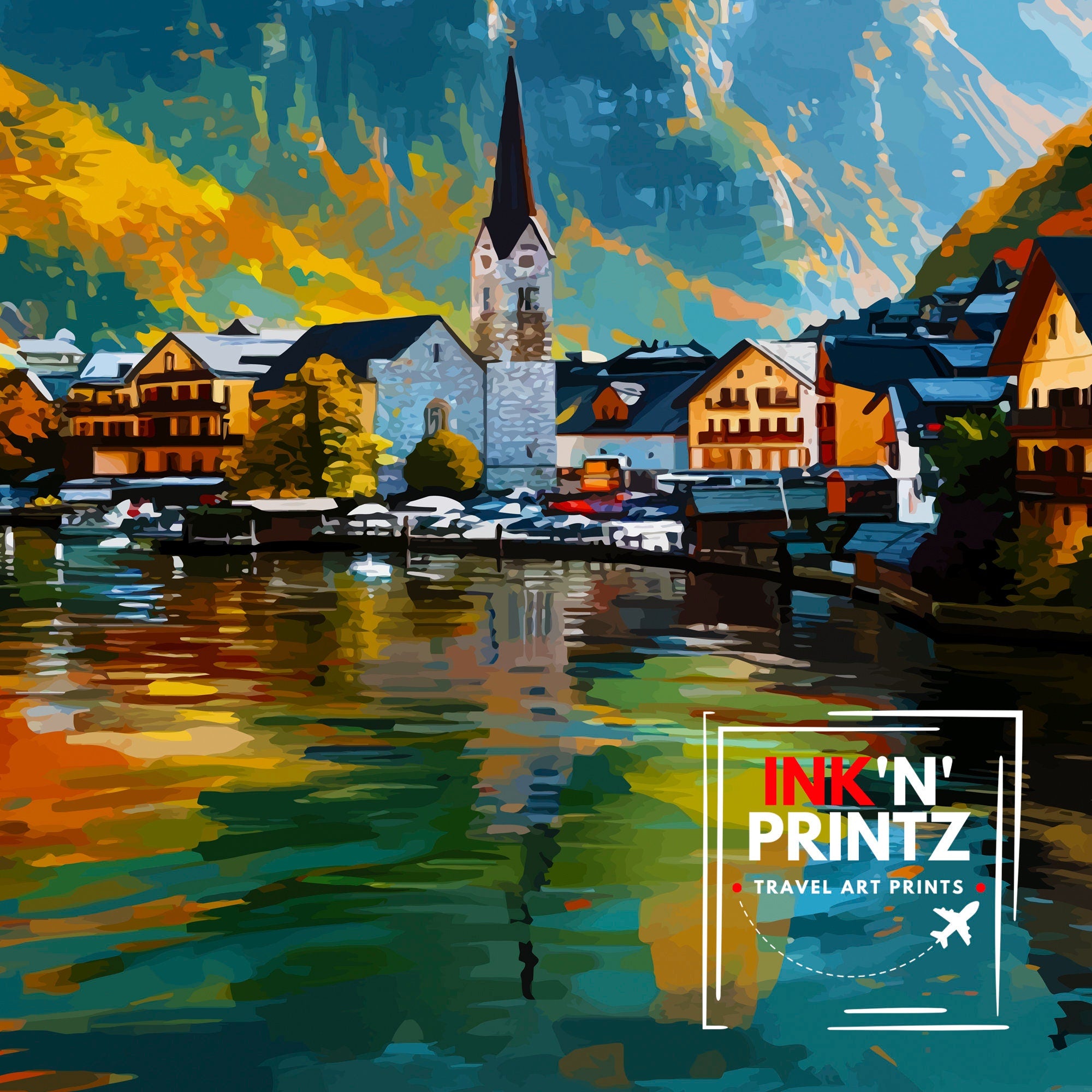 Hallstatt Austria Travel Print Hallstatt Wall Decor Hallstatt Home Living Decor Hallstatt Illustration Travel Poster Austria Home Decor