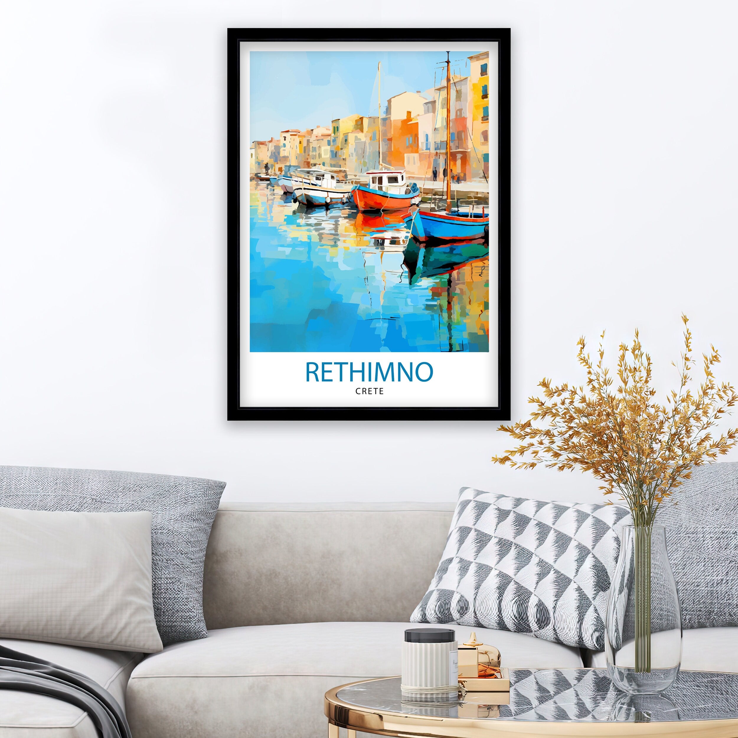 Rethymno Crete Print Greek Island Art Venetian Harbor Poster Mediterranean Landscape Wall Decor Crete Town Illustration Greek Culture