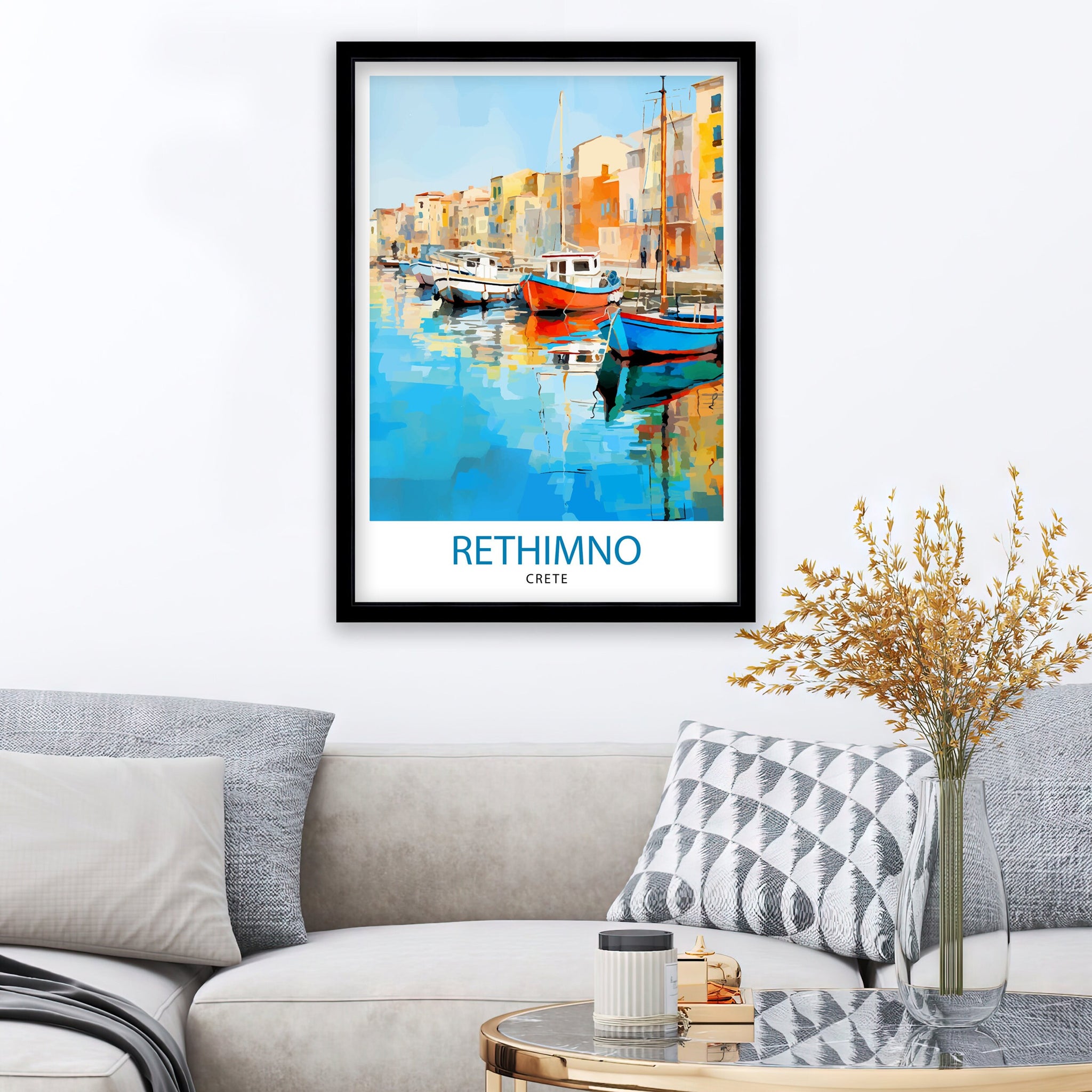 Rethymno Crete Print Greek Island Art Venetian Harbor Poster Mediterranean Landscape Wall Decor Crete Town Illustration Greek Culture