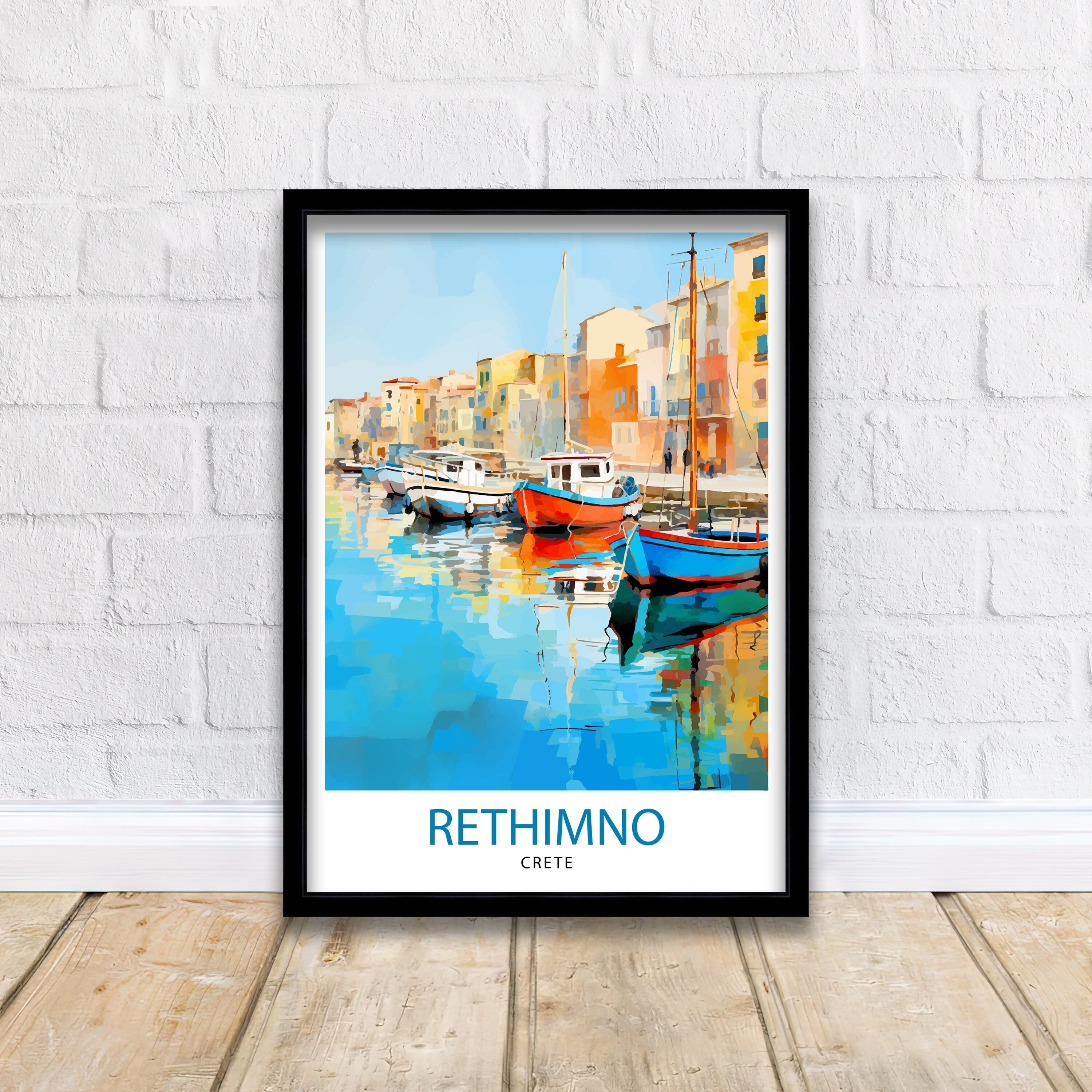 Rethymno Crete Print Greek Island Art Venetian Harbor Poster Mediterranean Landscape Wall Decor Crete Town Illustration Greek Culture