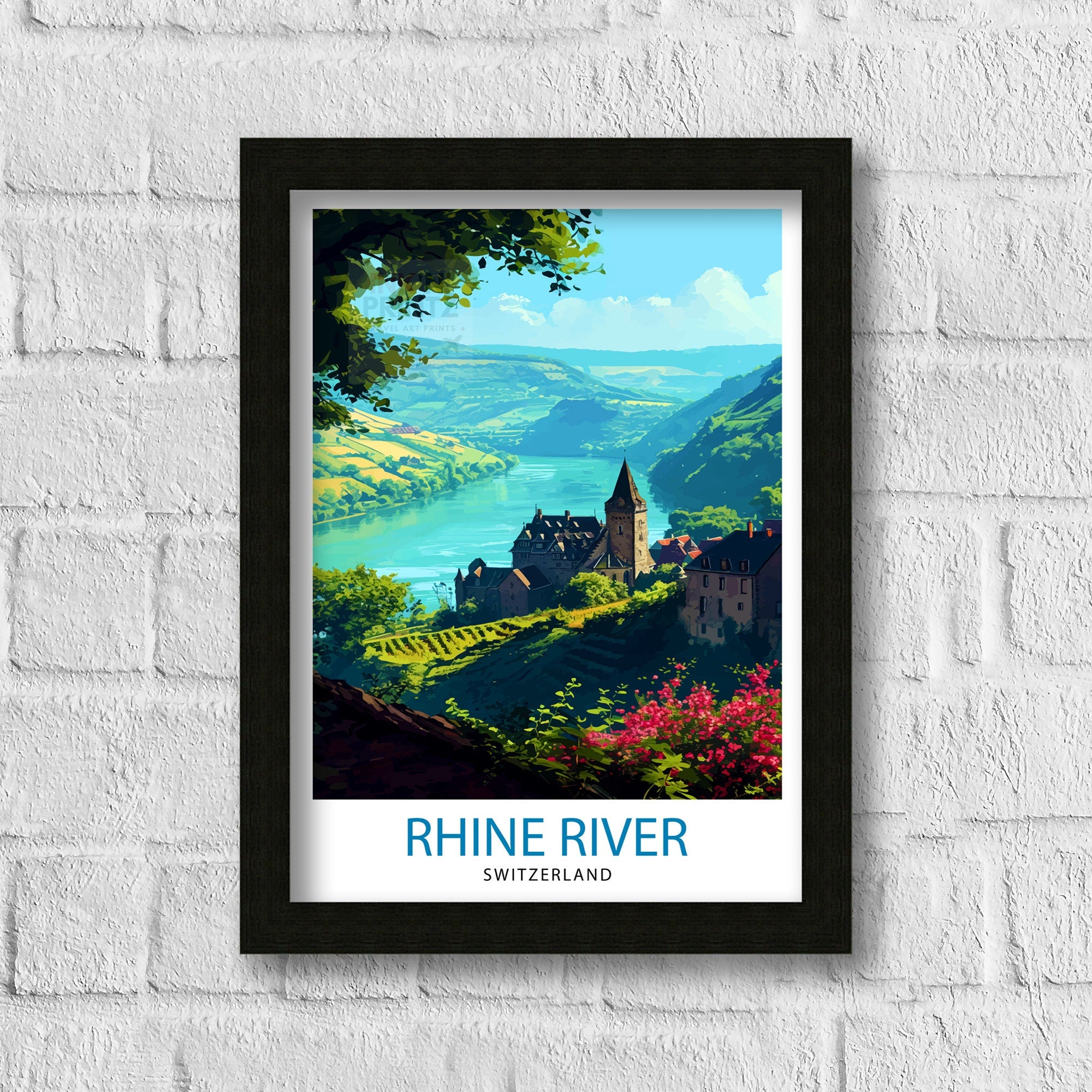 Rhine River Switzerland Print Scenic Swiss Landscape Art River Valley Poster Swiss Alps Wall Decor Alpine River Illustration Nature Travel