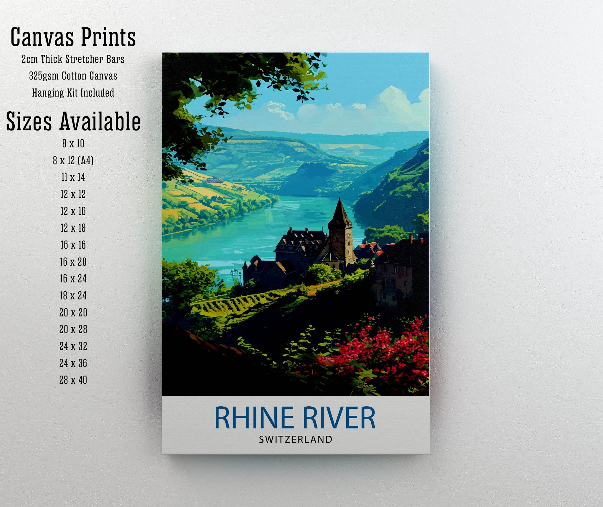 Rhine River Switzerland Print Scenic Swiss Landscape Art River Valley Poster Swiss Alps Wall Decor Alpine River Illustration Nature Travel