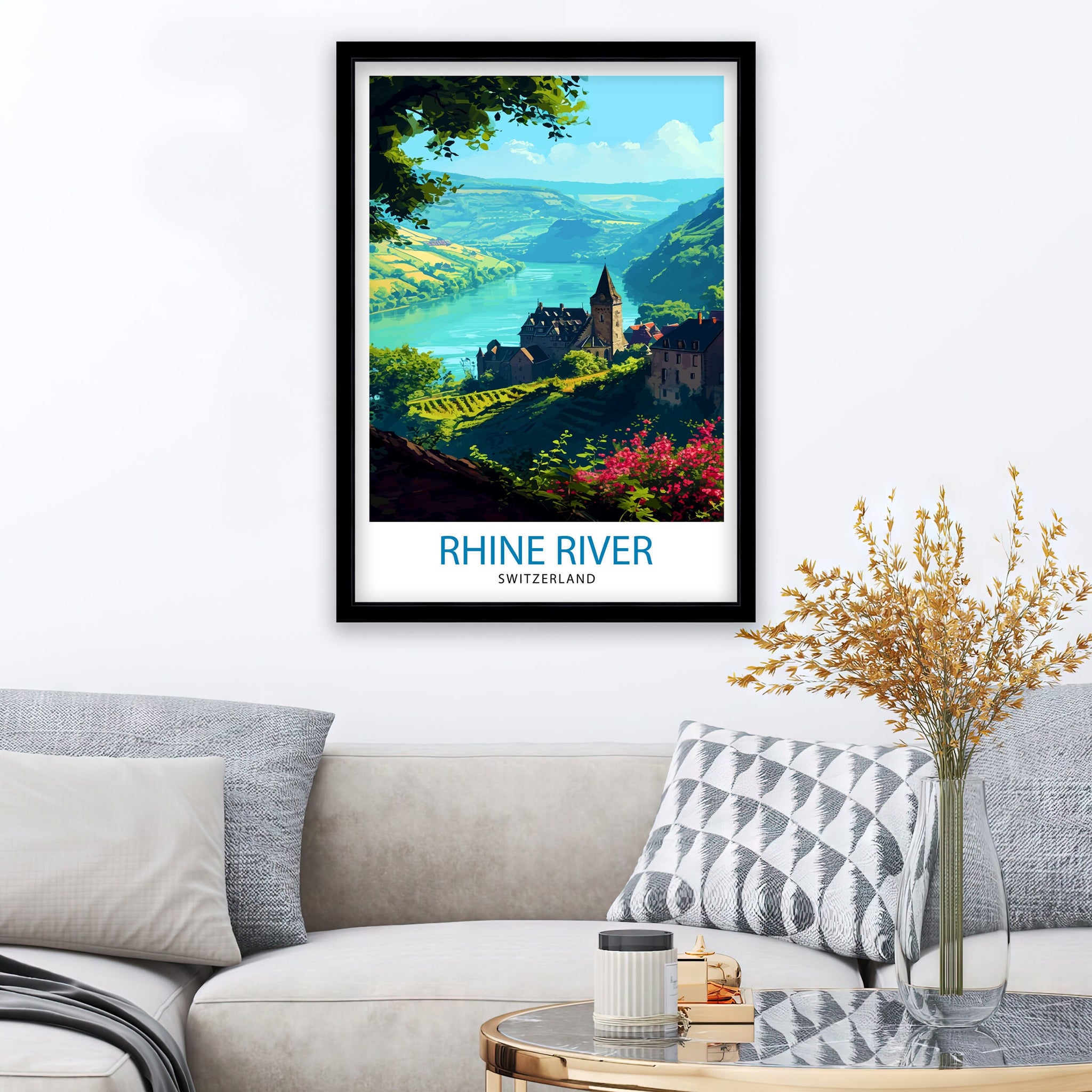 Rhine River Switzerland Print Scenic Swiss Landscape Art River Valley Poster Swiss Alps Wall Decor Alpine River Illustration Nature Travel