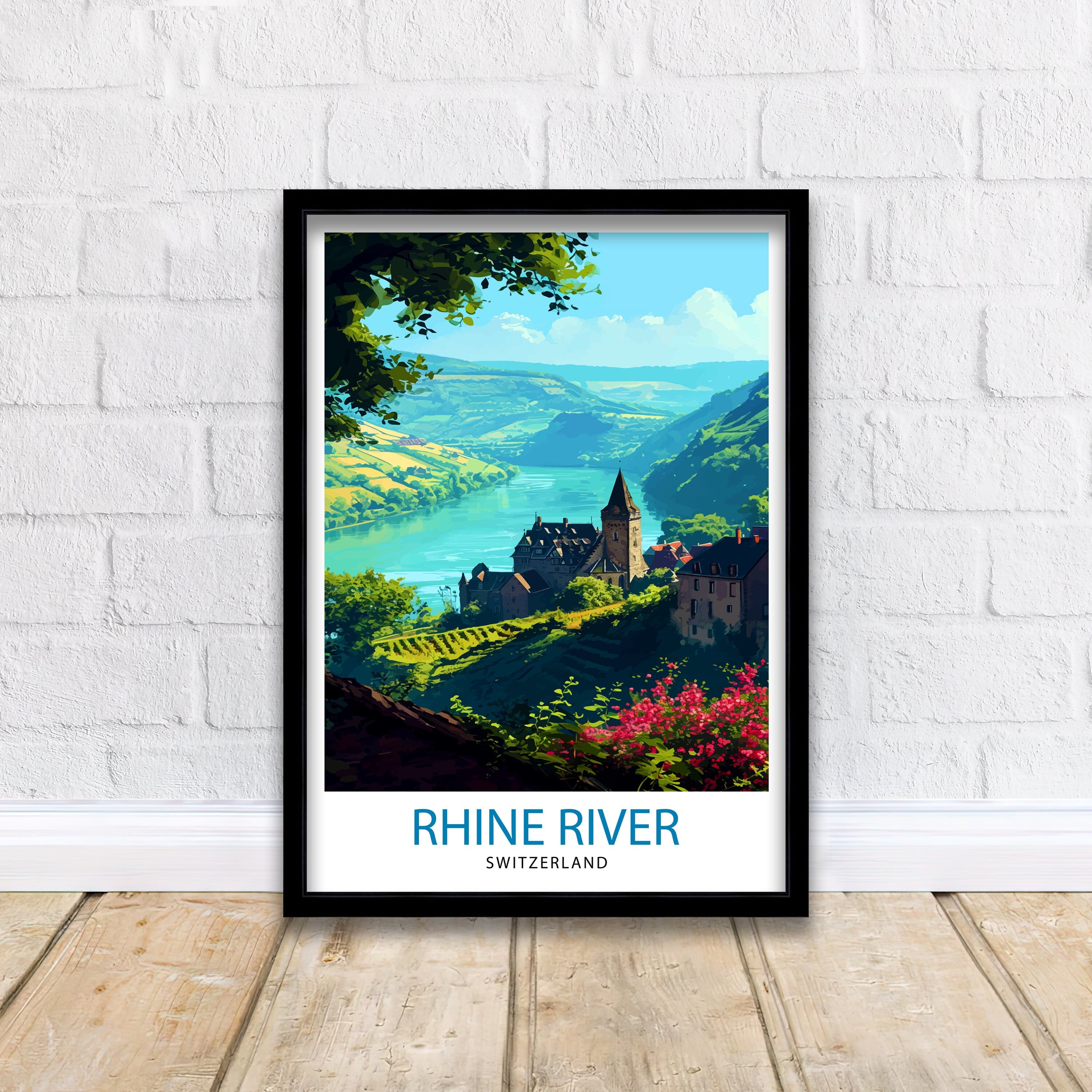 Rhine River Switzerland Print Scenic Swiss Landscape Art River Valley Poster Swiss Alps Wall Decor Alpine River Illustration Nature Travel