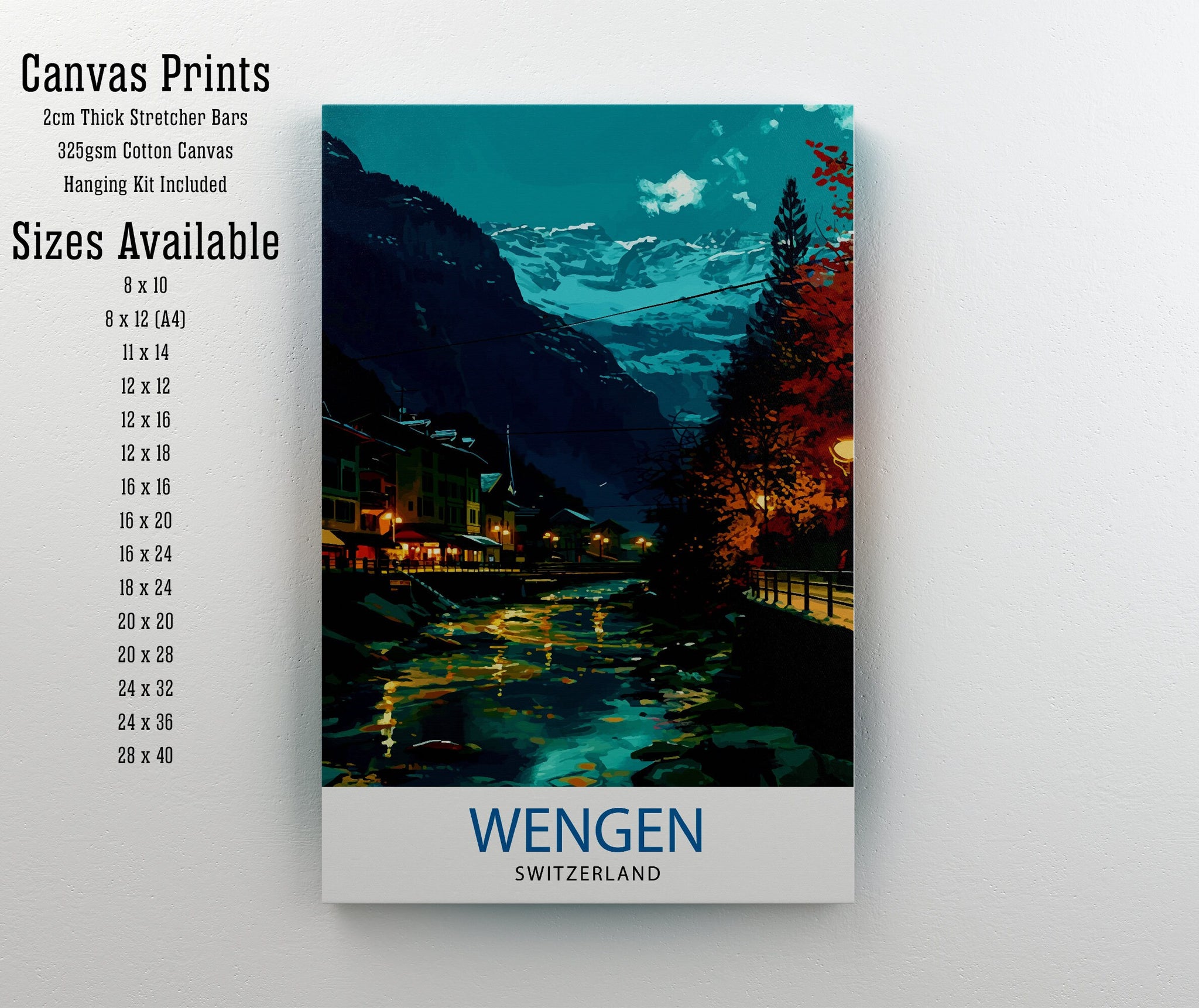 Wengen Switzerland Print Alpine Village Art Swiss Mountainscape Poster Lauterbrunnen Valley Wall Decor Swiss Alps Illustration