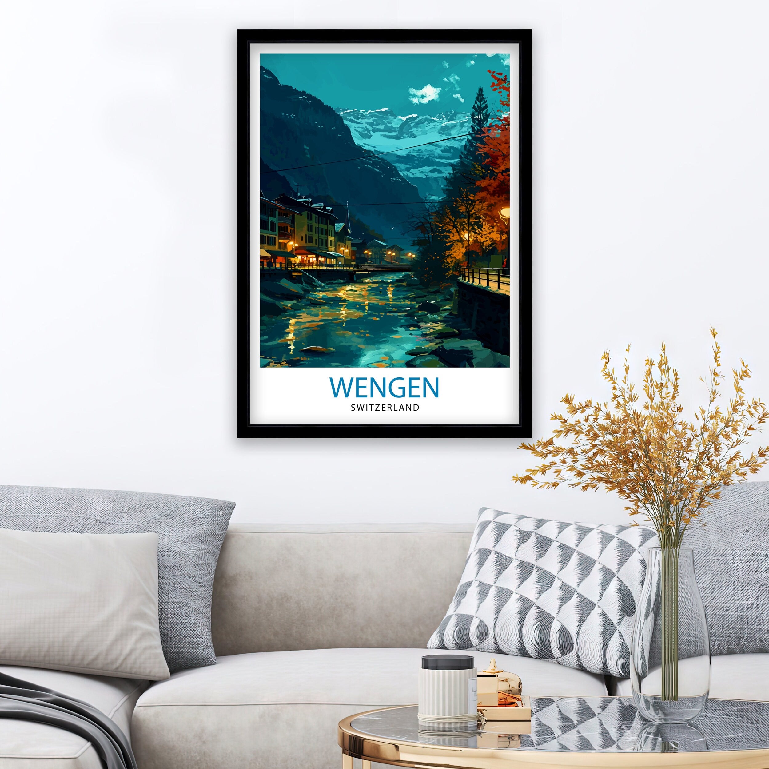 Wengen Switzerland Print Alpine Village Art Swiss Mountainscape Poster Lauterbrunnen Valley Wall Decor Swiss Alps Illustration