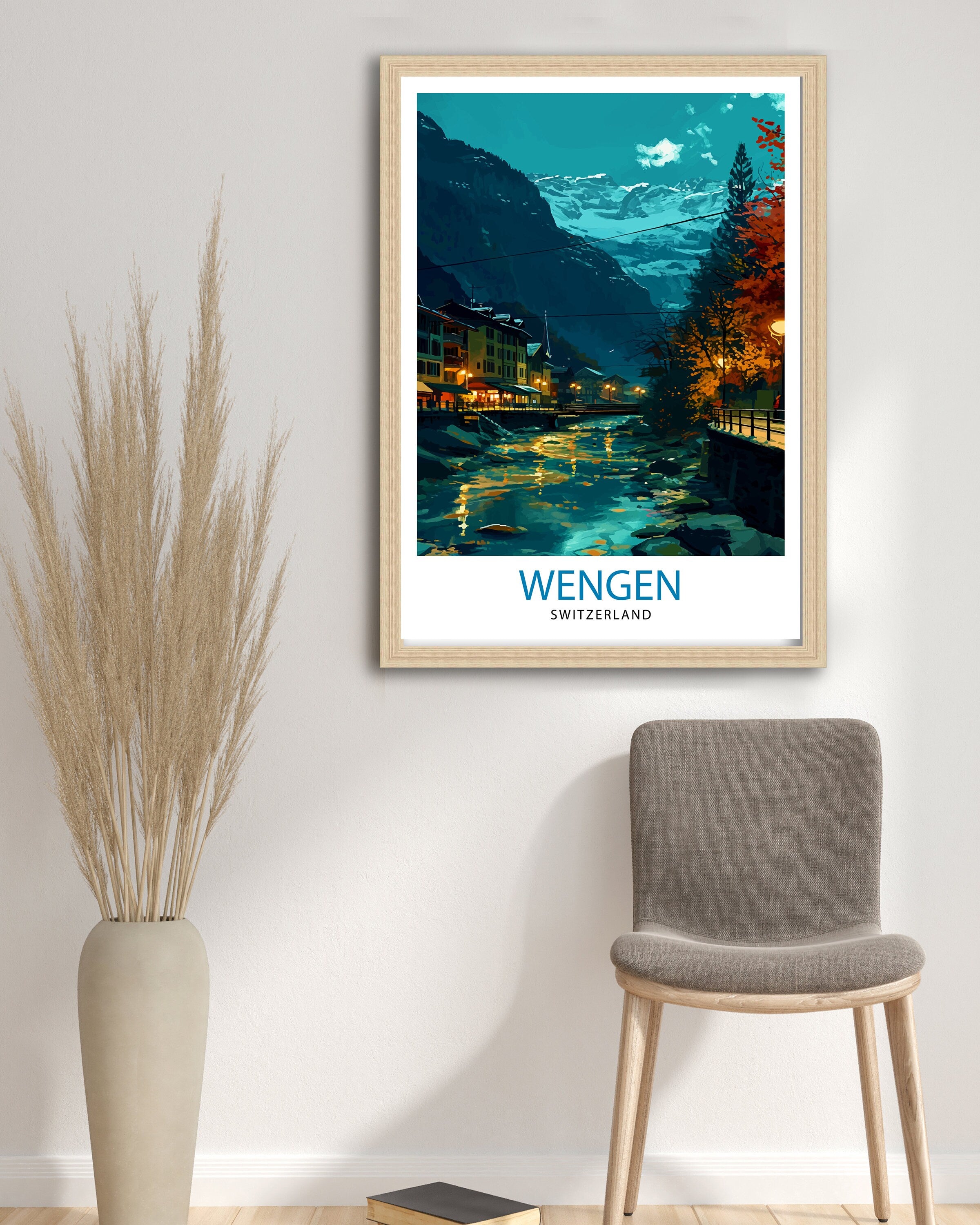 Wengen Switzerland Print Alpine Village Art Swiss Mountainscape Poster Lauterbrunnen Valley Wall Decor Swiss Alps Illustration