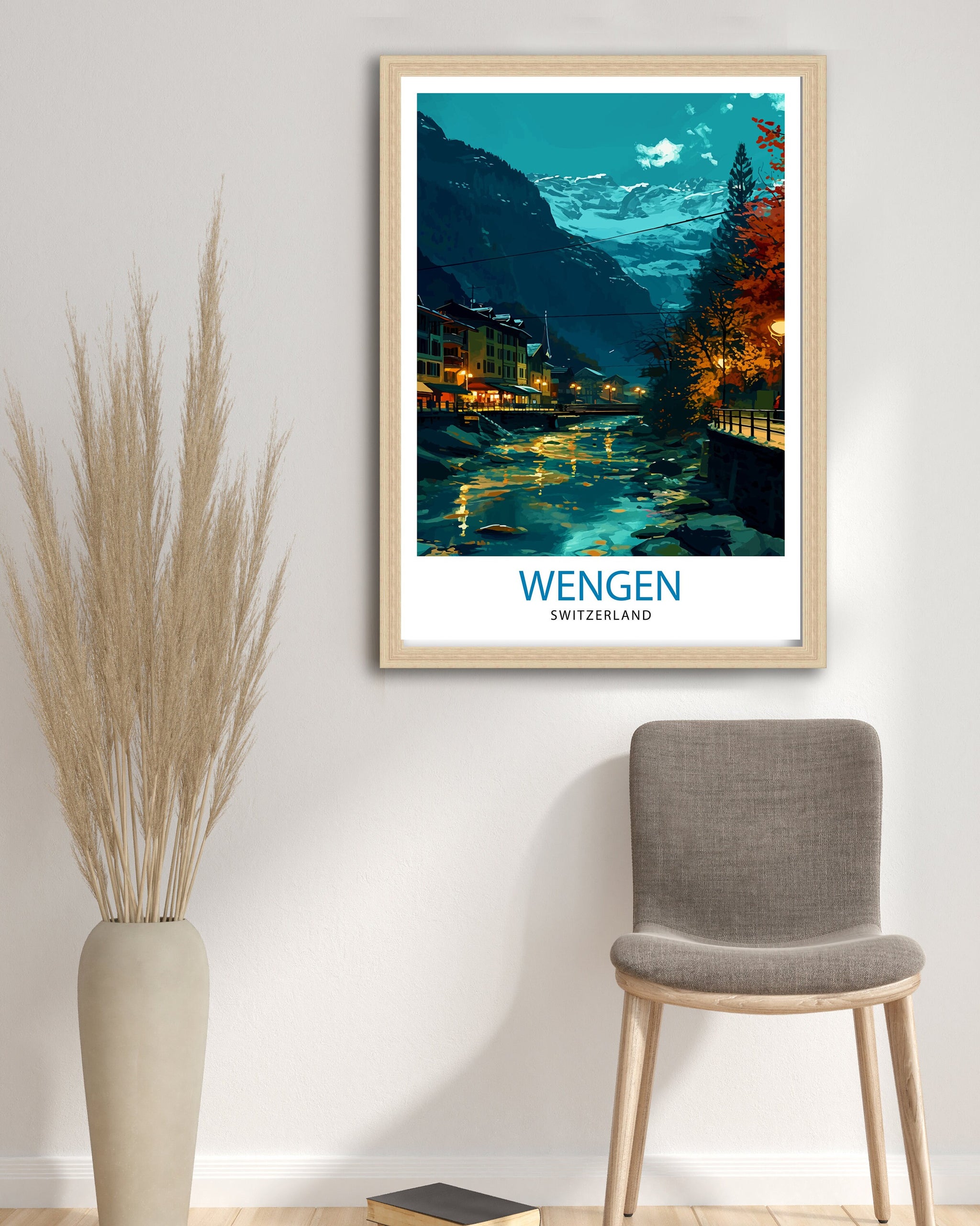Wengen Switzerland Print Alpine Village Art Swiss Mountainscape Poster Lauterbrunnen Valley Wall Decor Swiss Alps Illustration