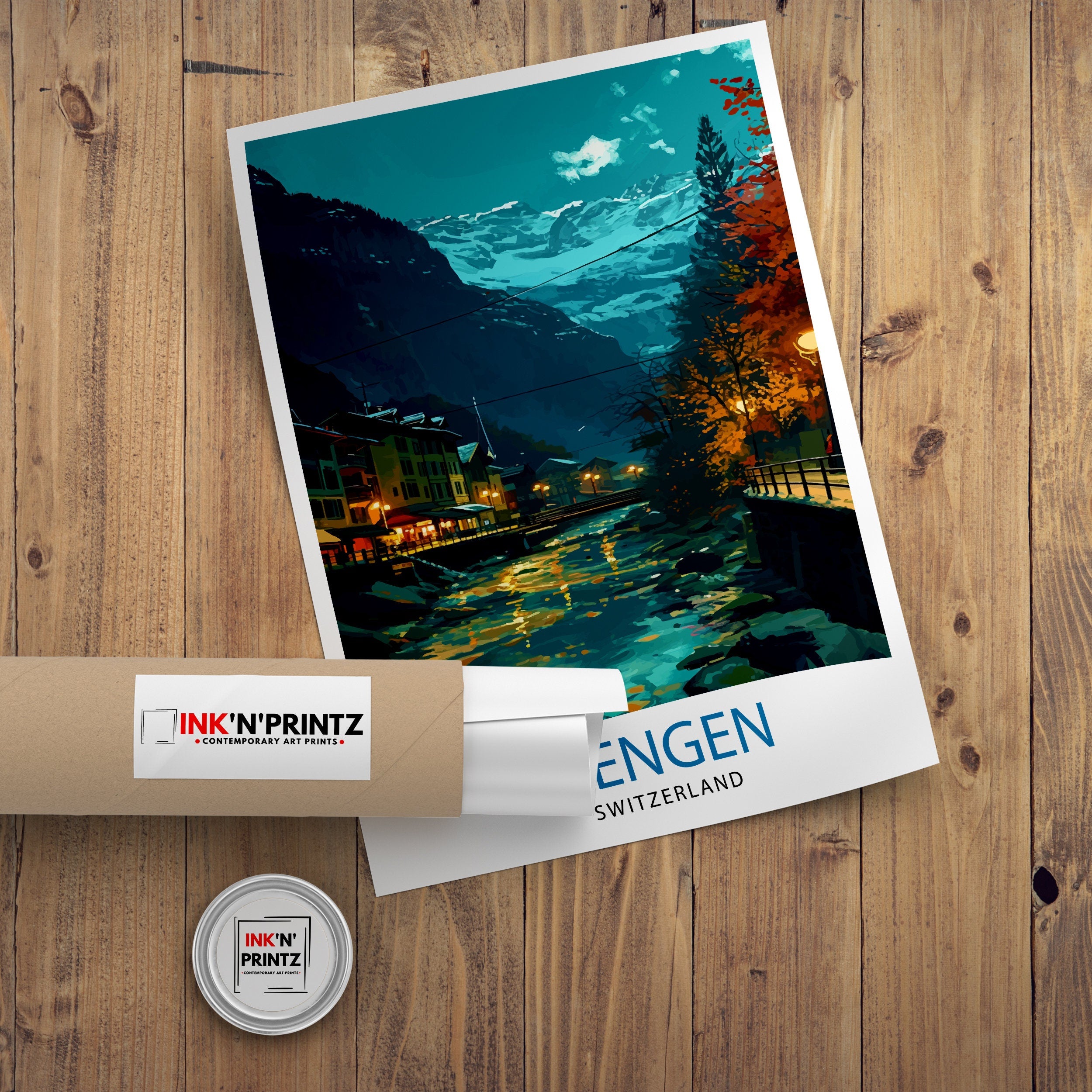 Wengen Switzerland Print Alpine Village Art Swiss Mountainscape Poster Lauterbrunnen Valley Wall Decor Swiss Alps Illustration
