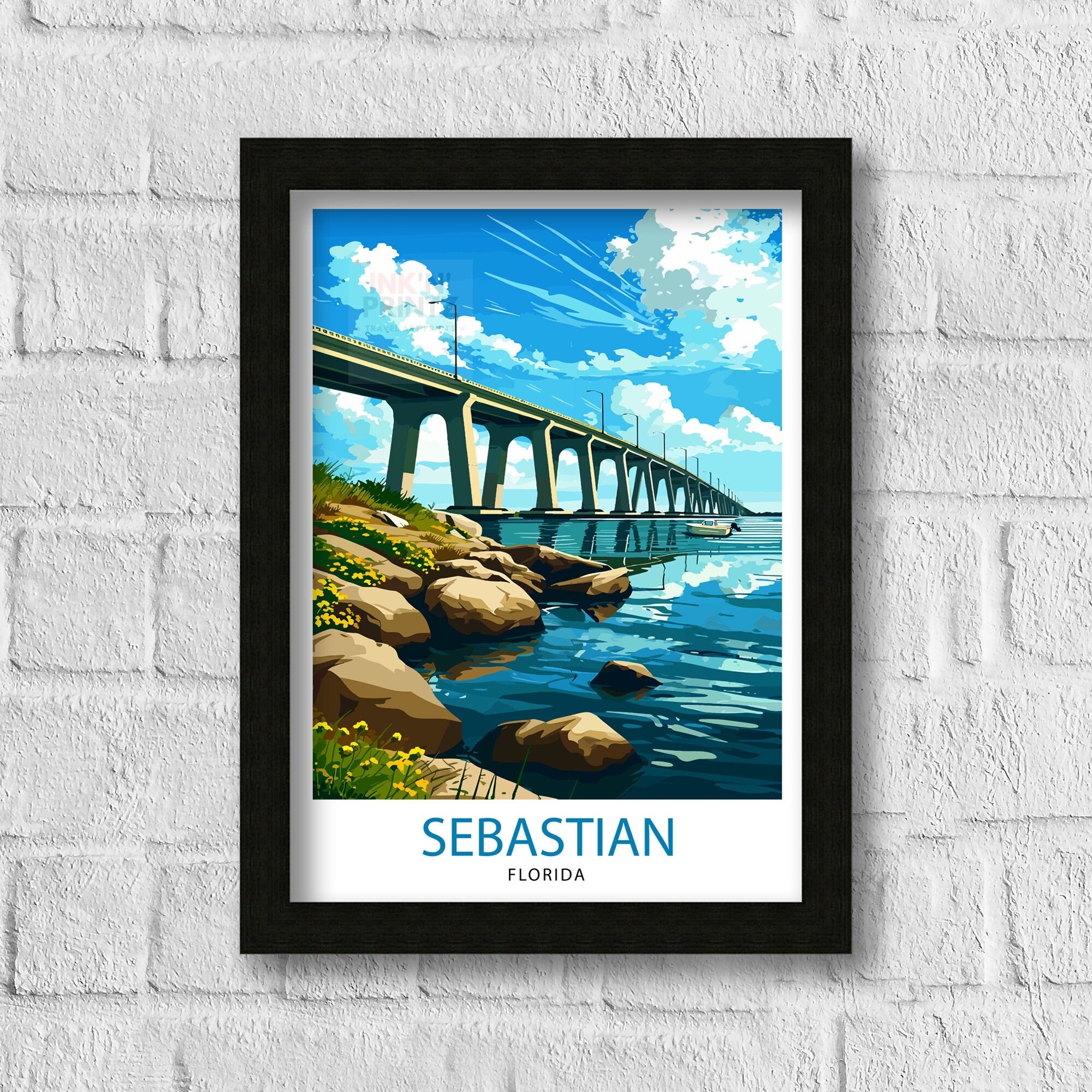 Sebastian Florida Print| Coastal Town Art Indian River Lagoon Poster Florida Landscape Wall Decor Sebastian Inlet Illustration Sunshine