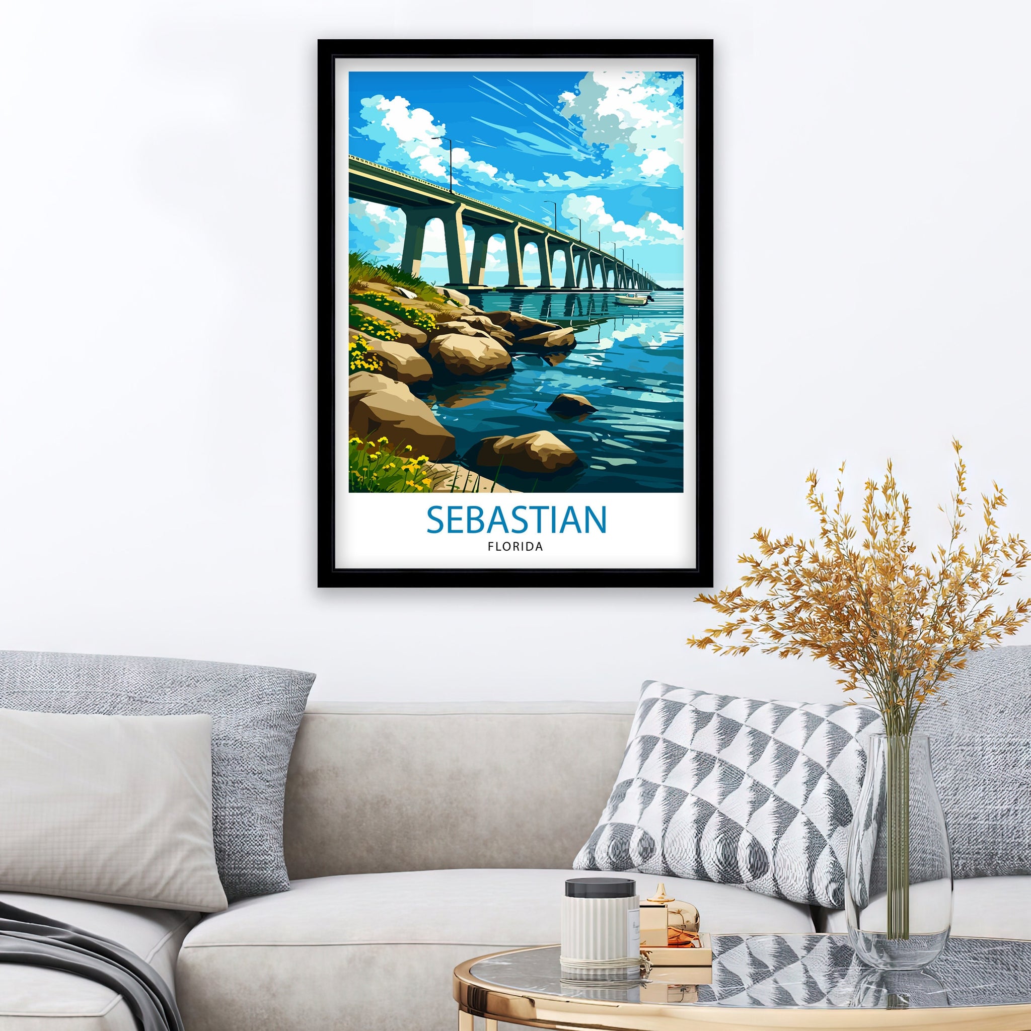 Sebastian Florida Print| Coastal Town Art Indian River Lagoon Poster Florida Landscape Wall Decor Sebastian Inlet Illustration Sunshine