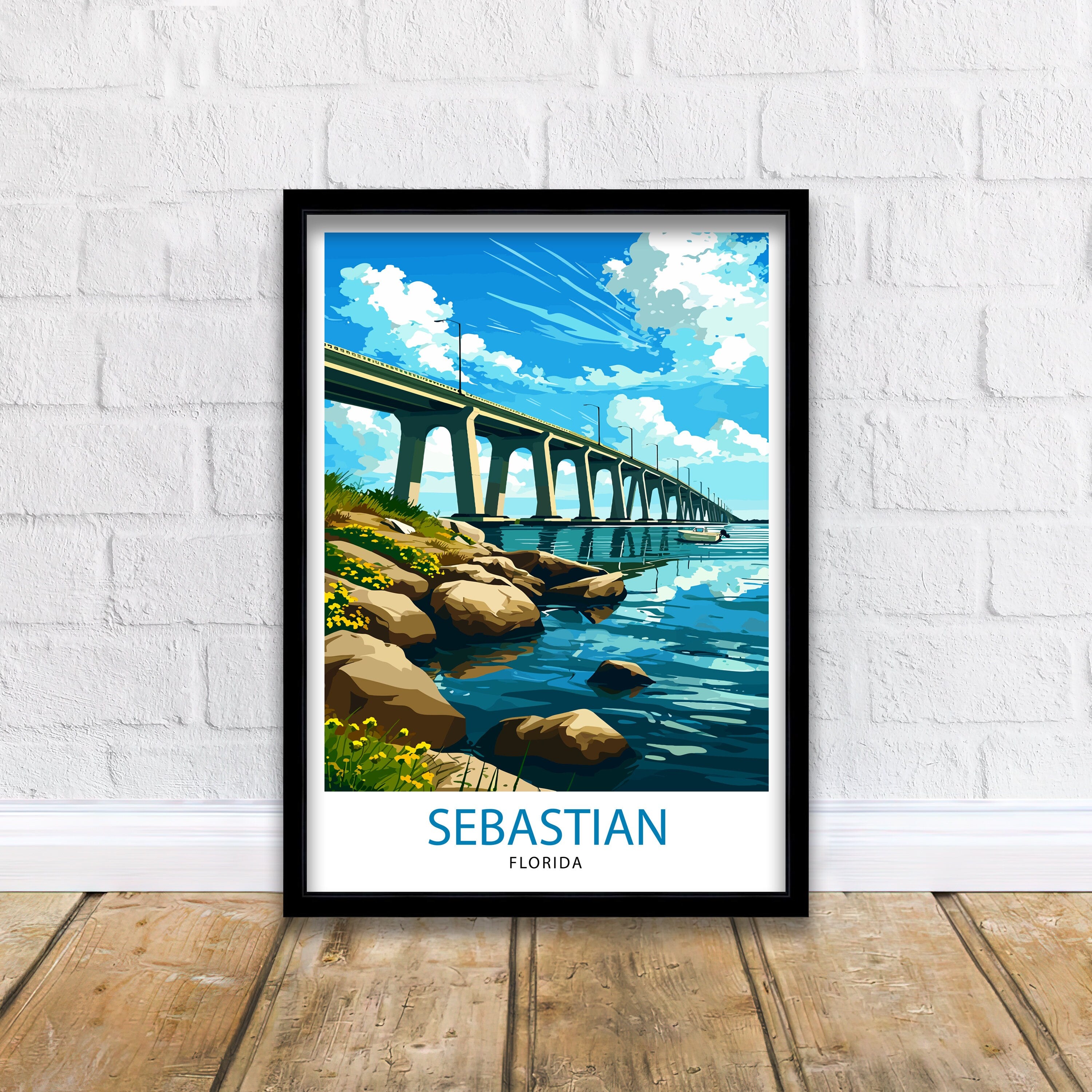 Sebastian Florida Print| Coastal Town Art Indian River Lagoon Poster Florida Landscape Wall Decor Sebastian Inlet Illustration Sunshine