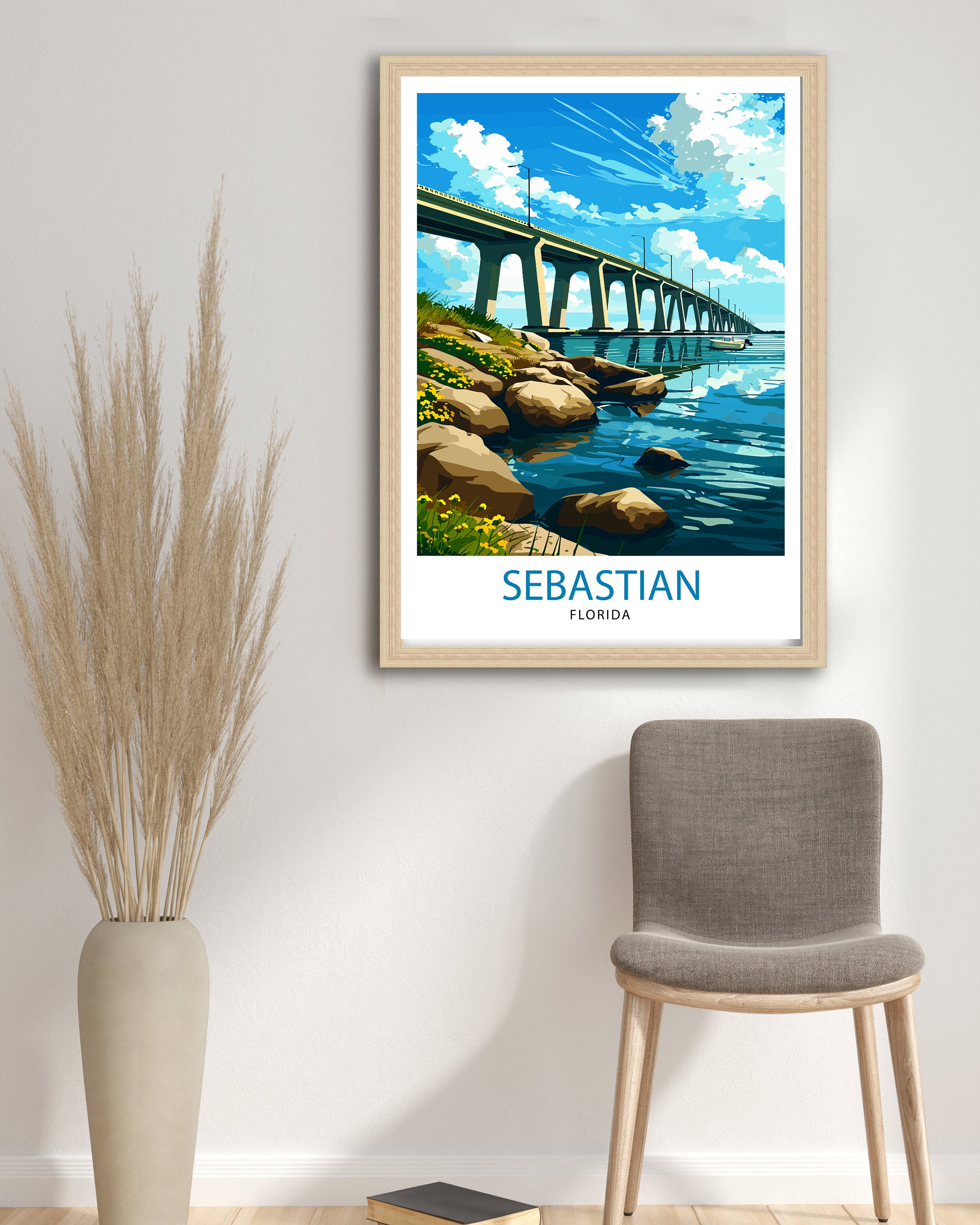 Sebastian Florida Print| Coastal Town Art Indian River Lagoon Poster Florida Landscape Wall Decor Sebastian Inlet Illustration Sunshine