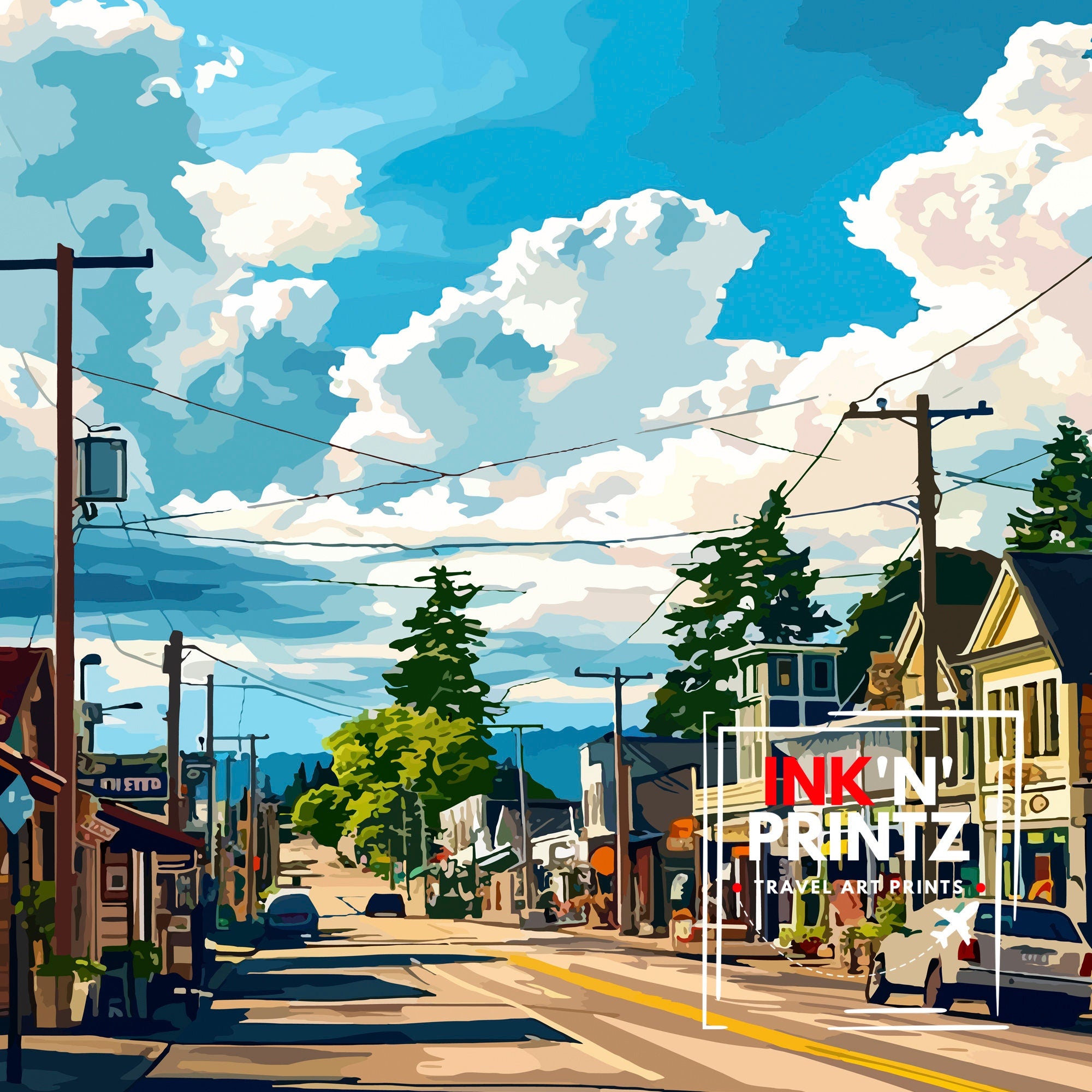 Shelton Washington Print Pacific Northwest Art Hood Canal Poster Washington State Wall Decor Shelton Cityscape Illustration Natural