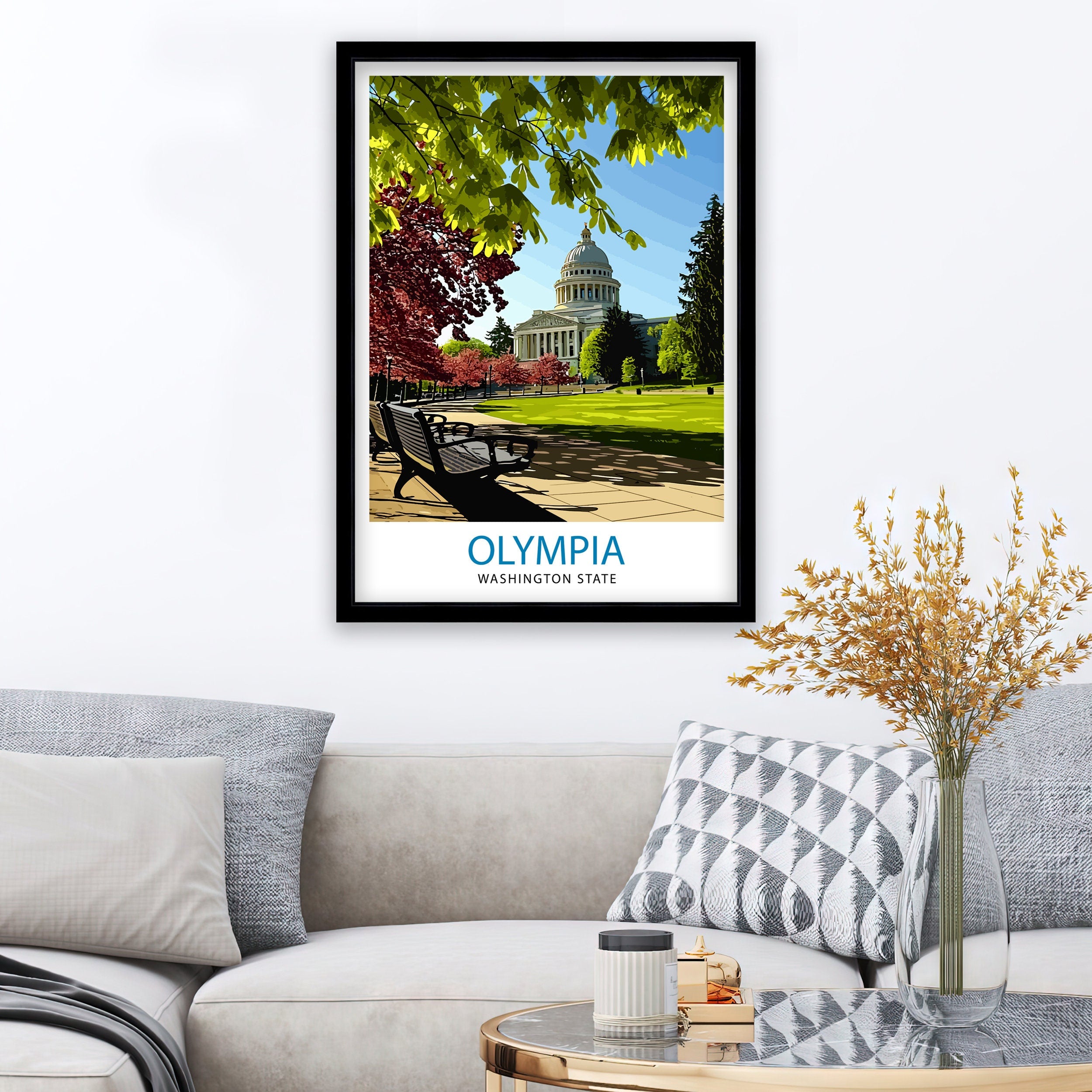 Olympia Washington State Print Capital City Art Puget Sound Landscape Poster Pacific Northwest Wall Decor Olympia Cityscape Illustration