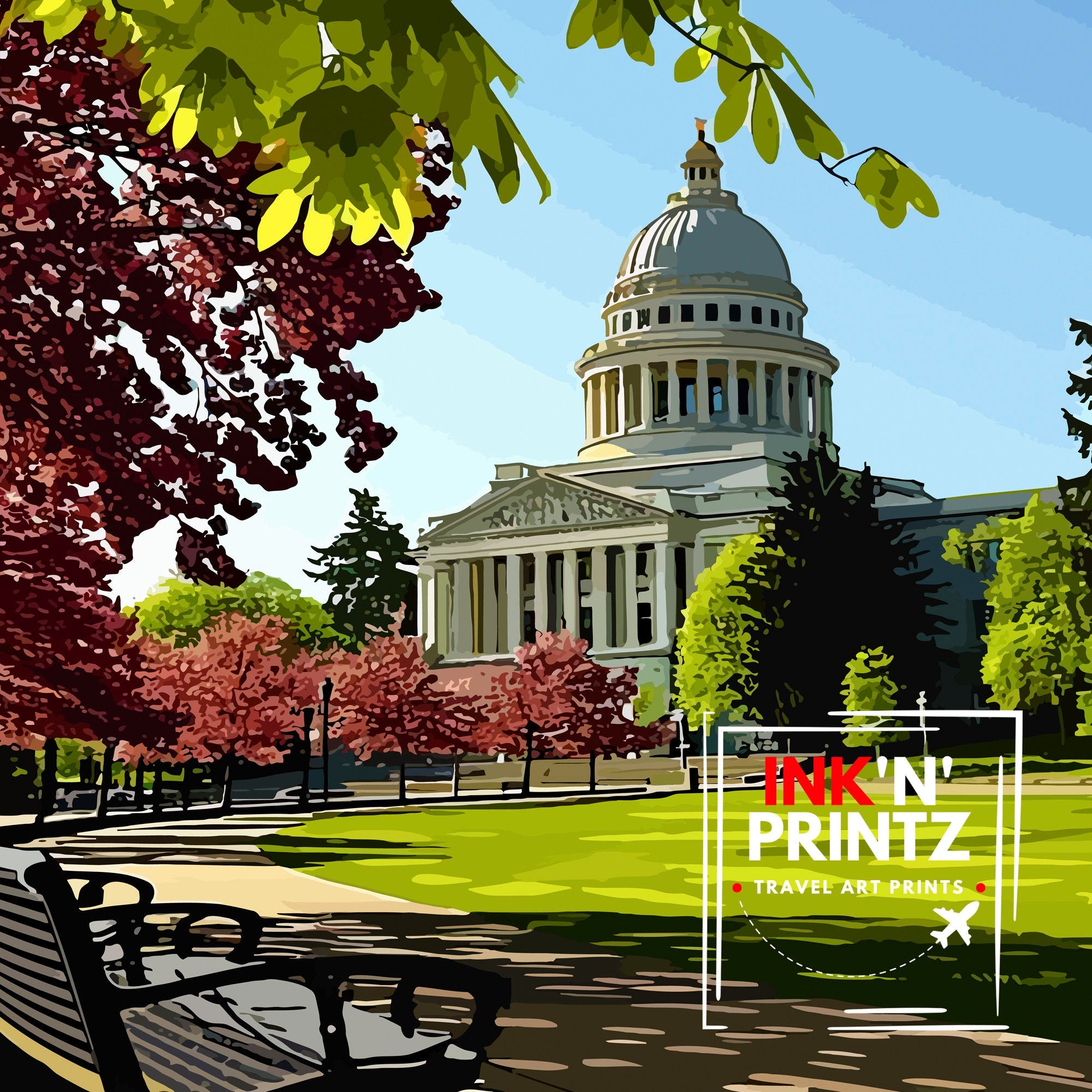 Olympia Washington State Print Capital City Art Puget Sound Landscape Poster Pacific Northwest Wall Decor Olympia Cityscape Illustration