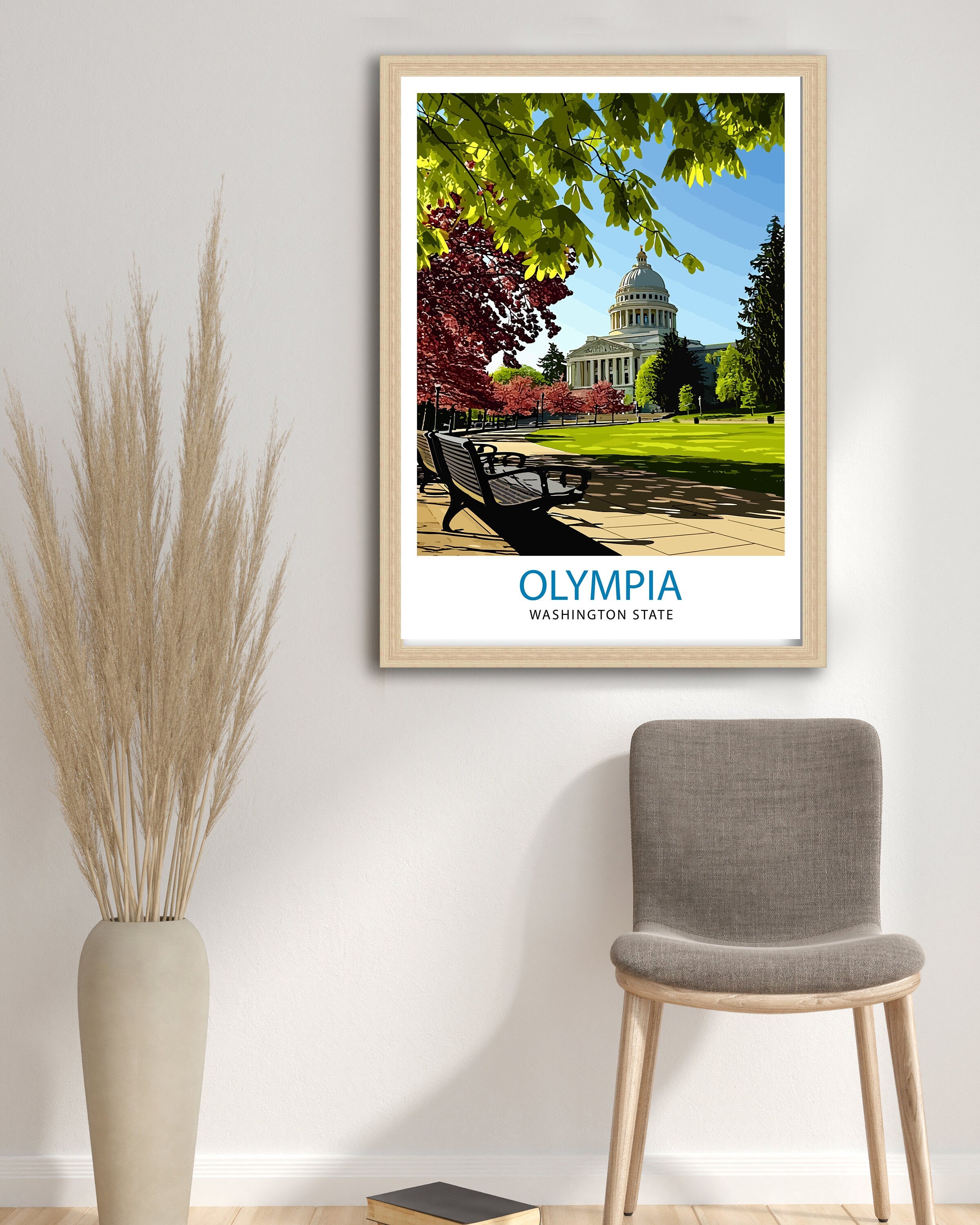 Olympia Washington State Print Capital City Art Puget Sound Landscape Poster Pacific Northwest Wall Decor Olympia Cityscape Illustration